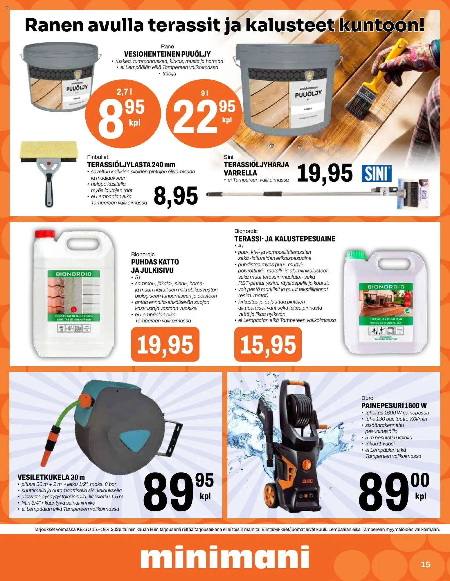 Minimani tarjoukset – voimassa 15.04.2026 alkaen | Sivu: 15 | Tuotteet: Letku, Matot, Painepesuri, Liitin