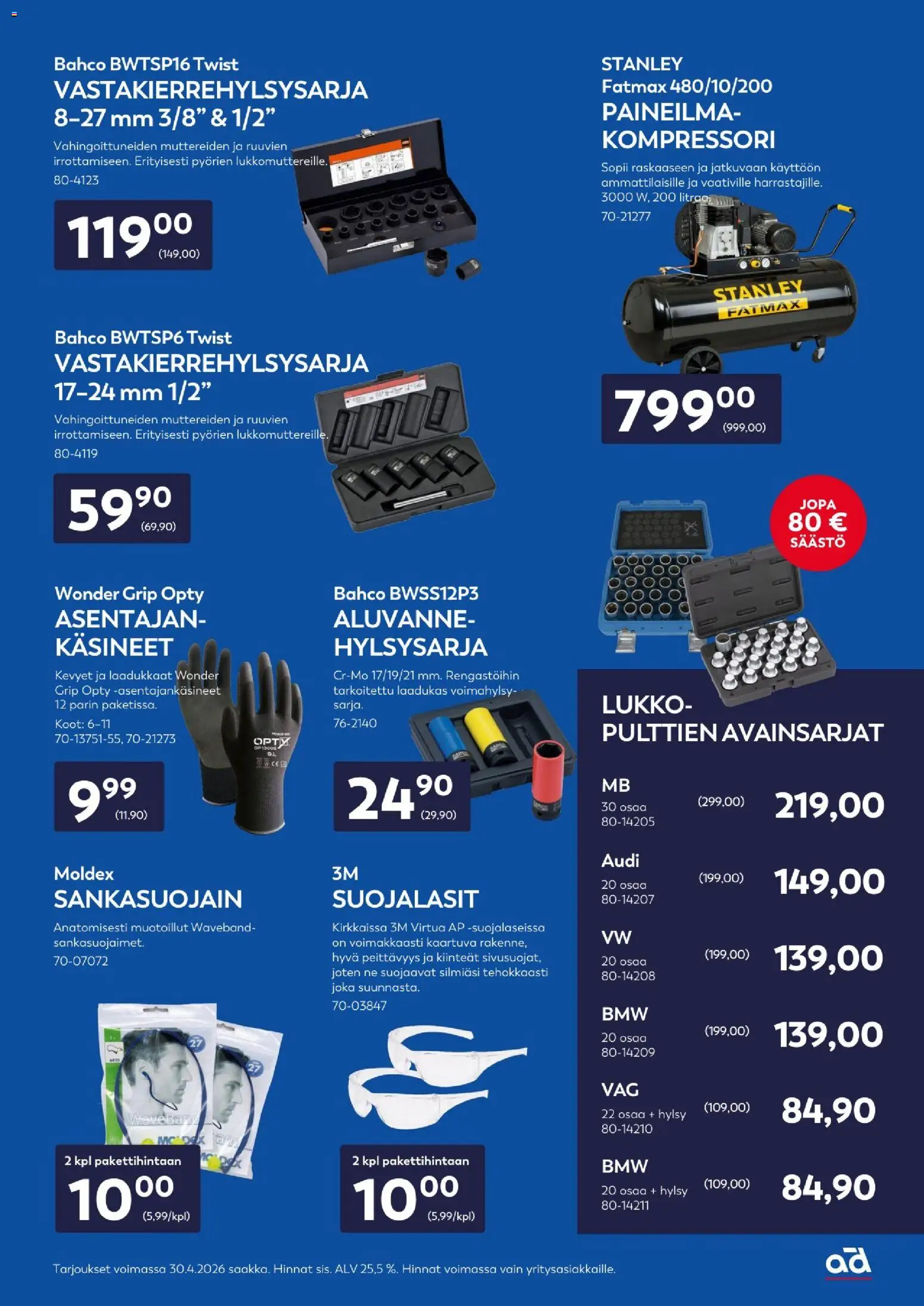 Motonet tarjoukset – voimassa 01.03.2026 alkaen | Sivu: 7 | Tuotteet: Lukko, Kompressori, Suojalasit, Käsineet