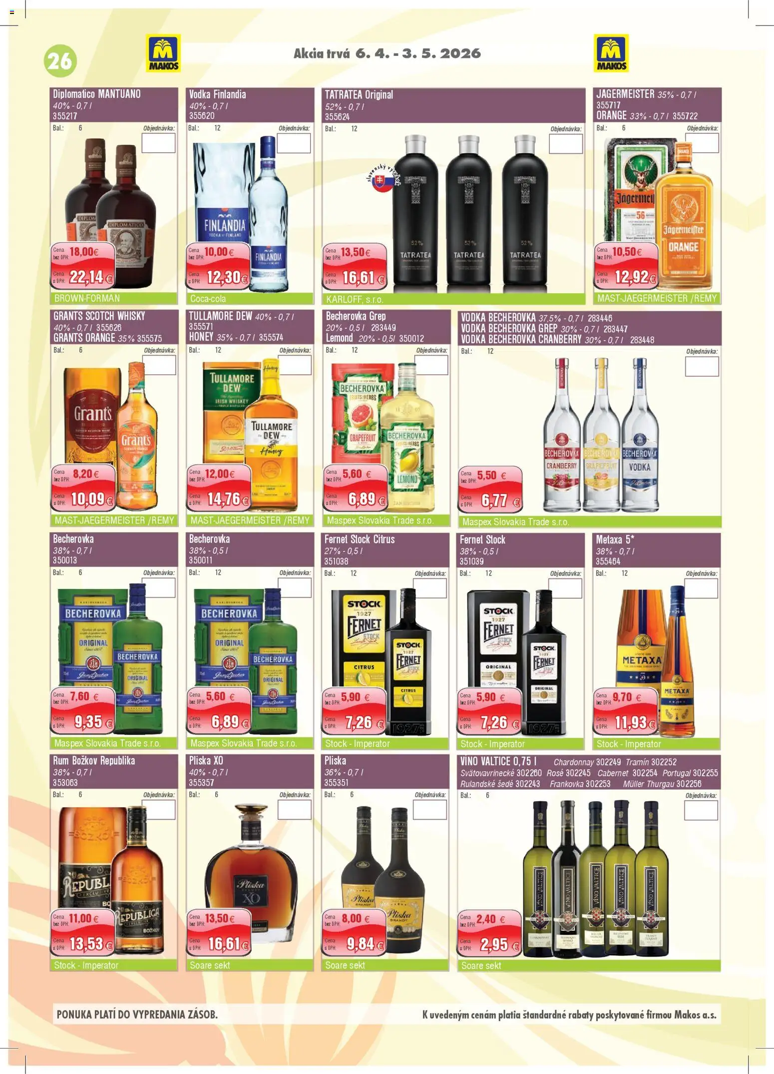 Nové Makos akcie – leták je platný od 06.04.2026 | Strana: 26 | Produkty: Božkov, Fernet Stock, Rum, Tullamore Dew