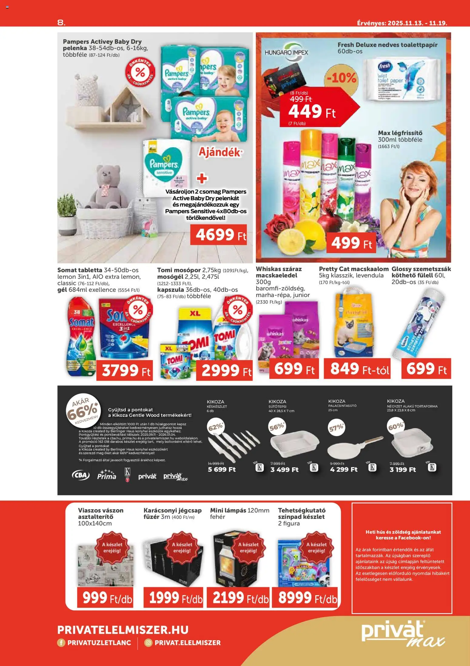 PRIVÁT akciós ujság - amely érvényes a következő dátumtól: 13.11.2025 | Oldal: 8 | Termékek: Hús, Késkészlet, Légfrissítő, Asztalterítő