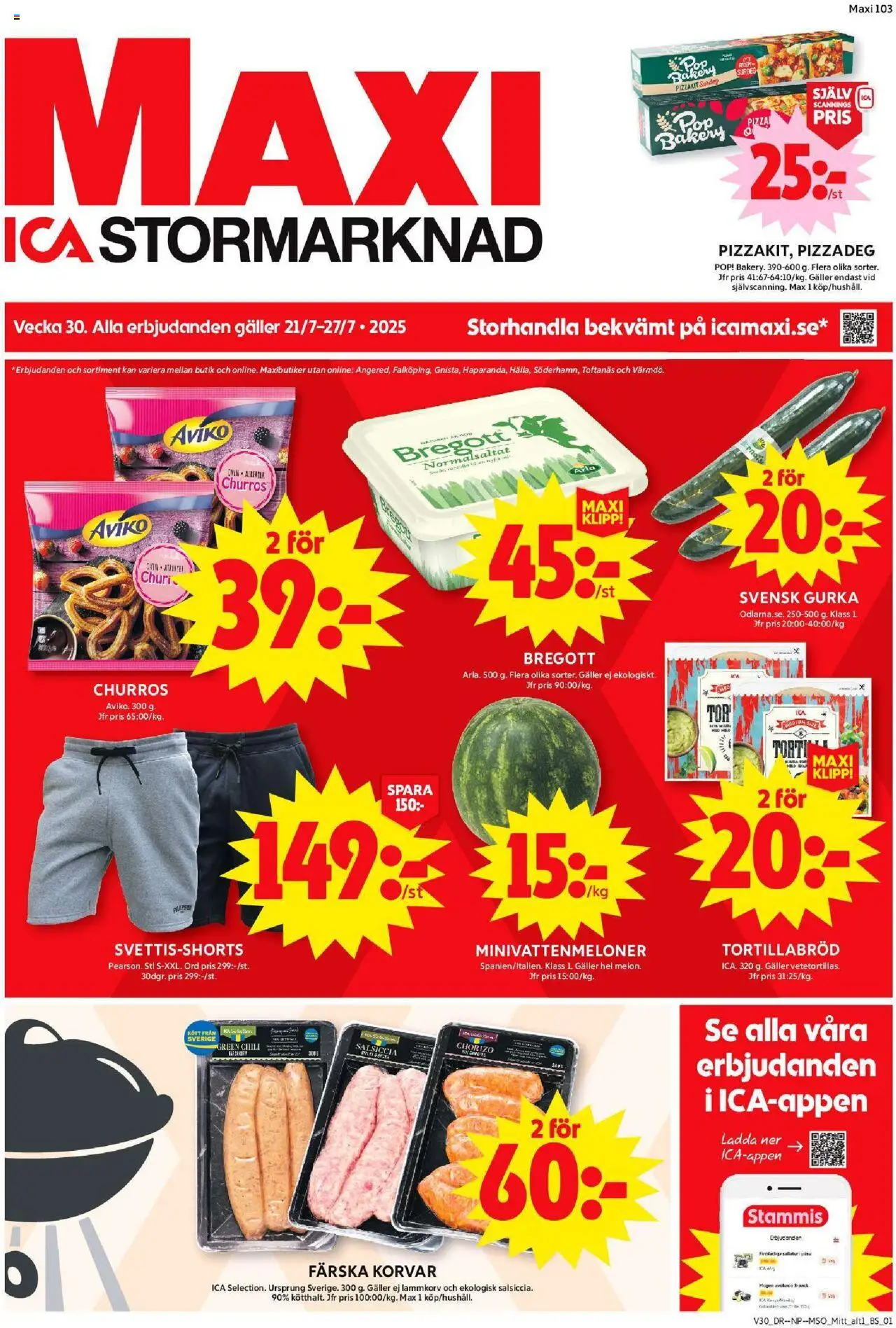 ICA Maxi reklamblad aktuell från 21.07.2025 | Sida: 1 | Produkter: Chili, Pizza, Chorizo, Gurka