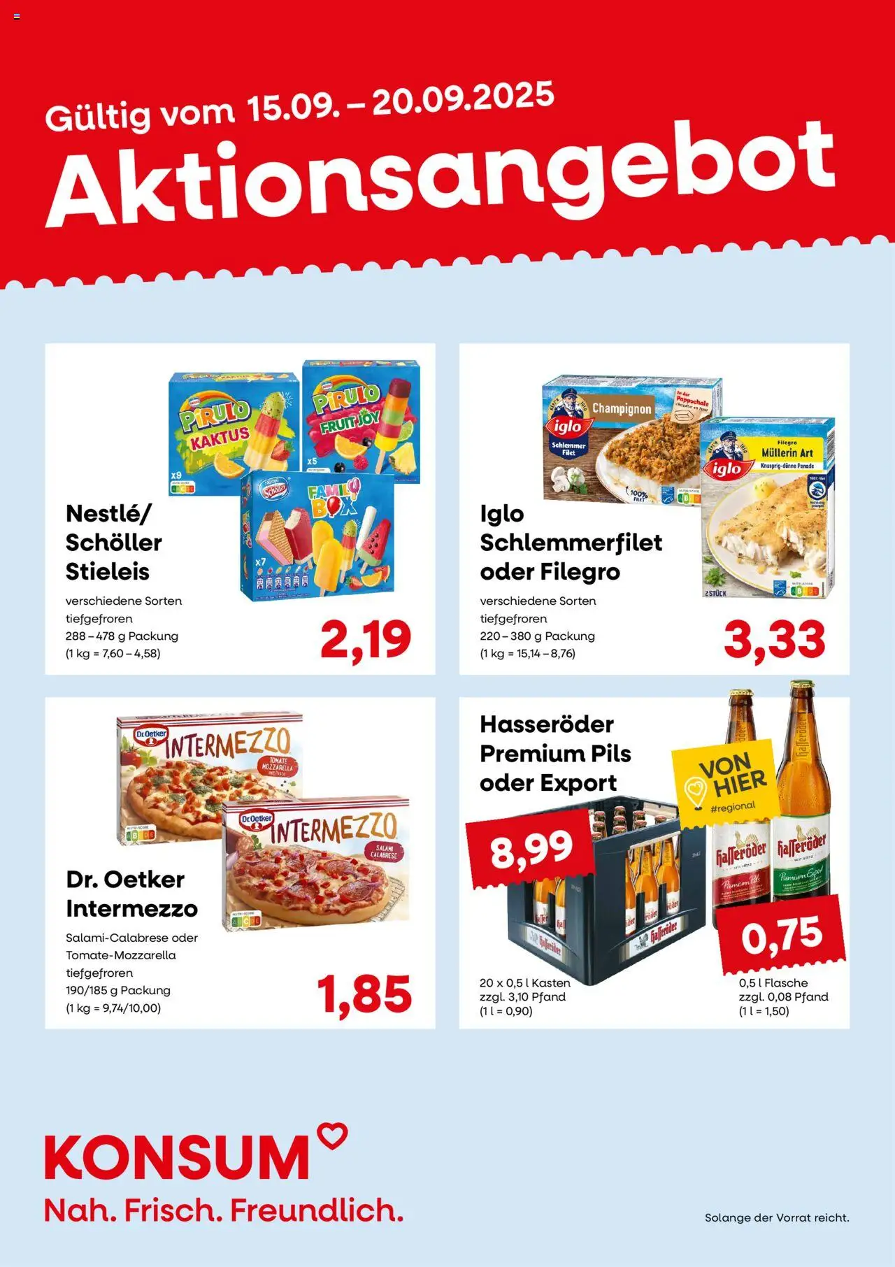 KONSUM Leipzig Prospekt – gültig ab 15.09.2025 | Seite: 3 | Produkte: Mozzarella, Iglo, Pils, Hasseröder