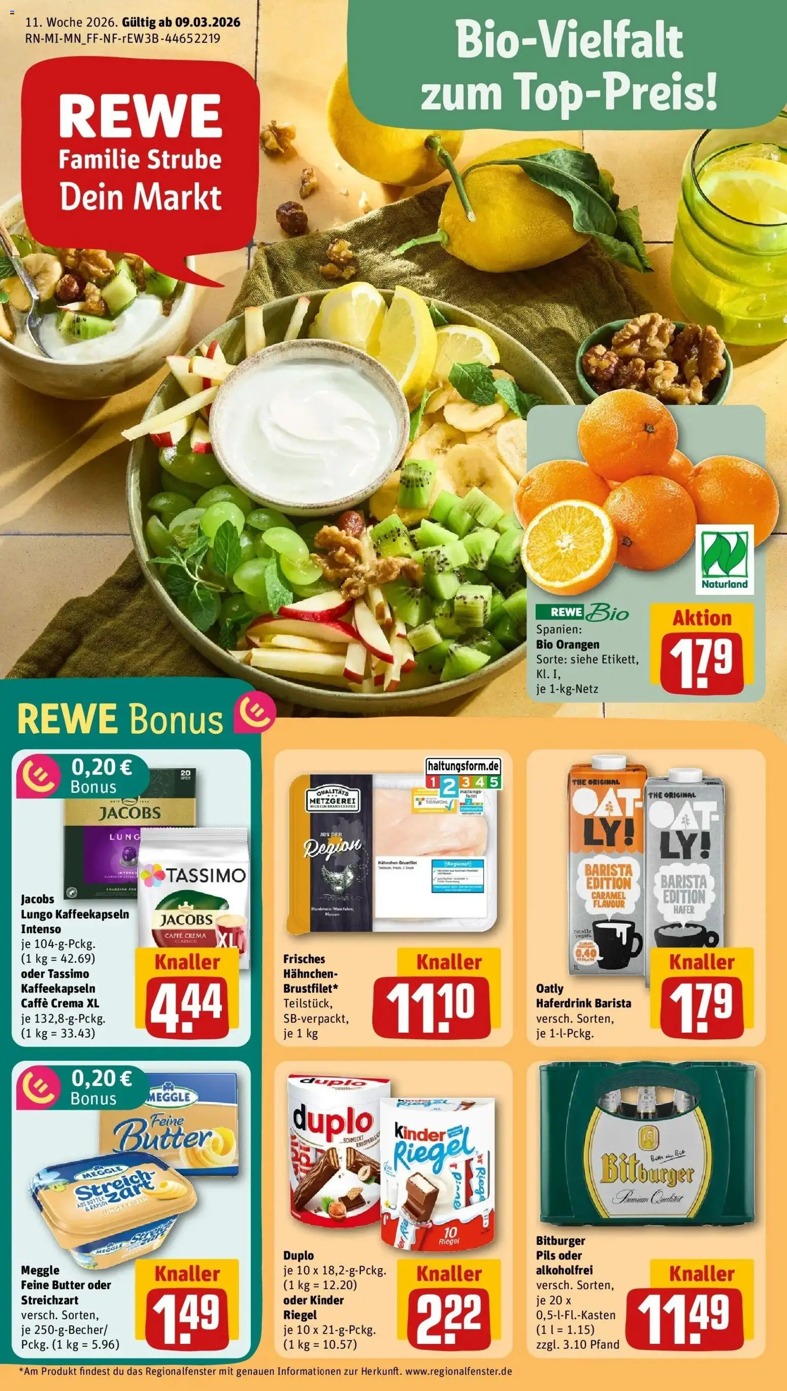 Rewe Prospekt Ludwigsau	 – gültig ab 09.03.2026 | Seite: 1 | Produkte: Hahnchen, Pils, Oatly, Tassimo