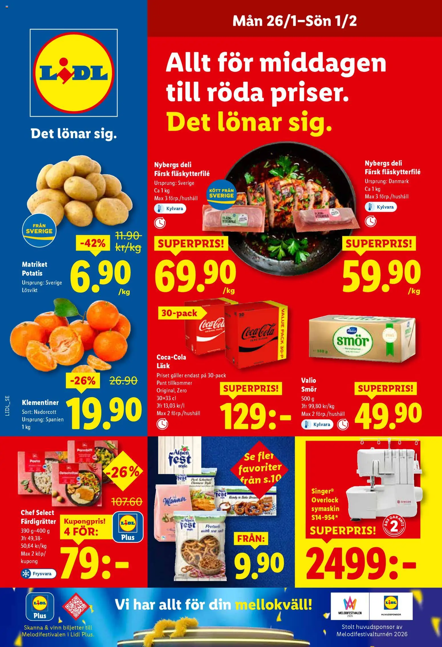 Lidl reklamblad aktuell från 26.01.2026 | Sida: 1 | Produkter: Symaskin, Fläskytterfilé, Smör, Potatis
