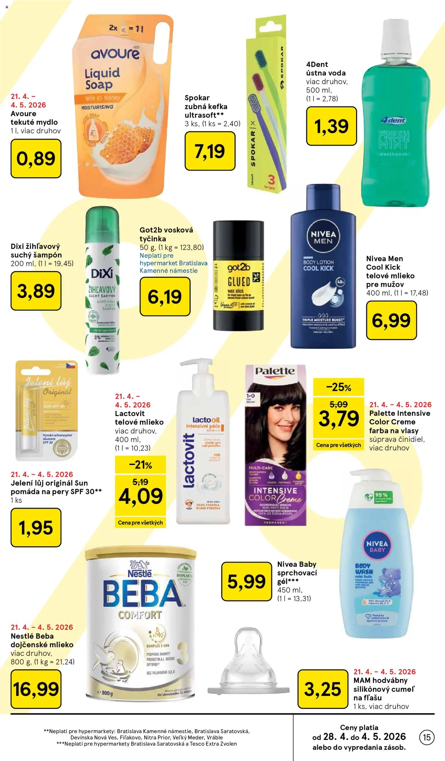 Nové Tesco akcie – leták je platný od 29.04.2026 | Strana: 15 | Produkty: Zubná kefka, Mlieko, Šampón, Mydlo