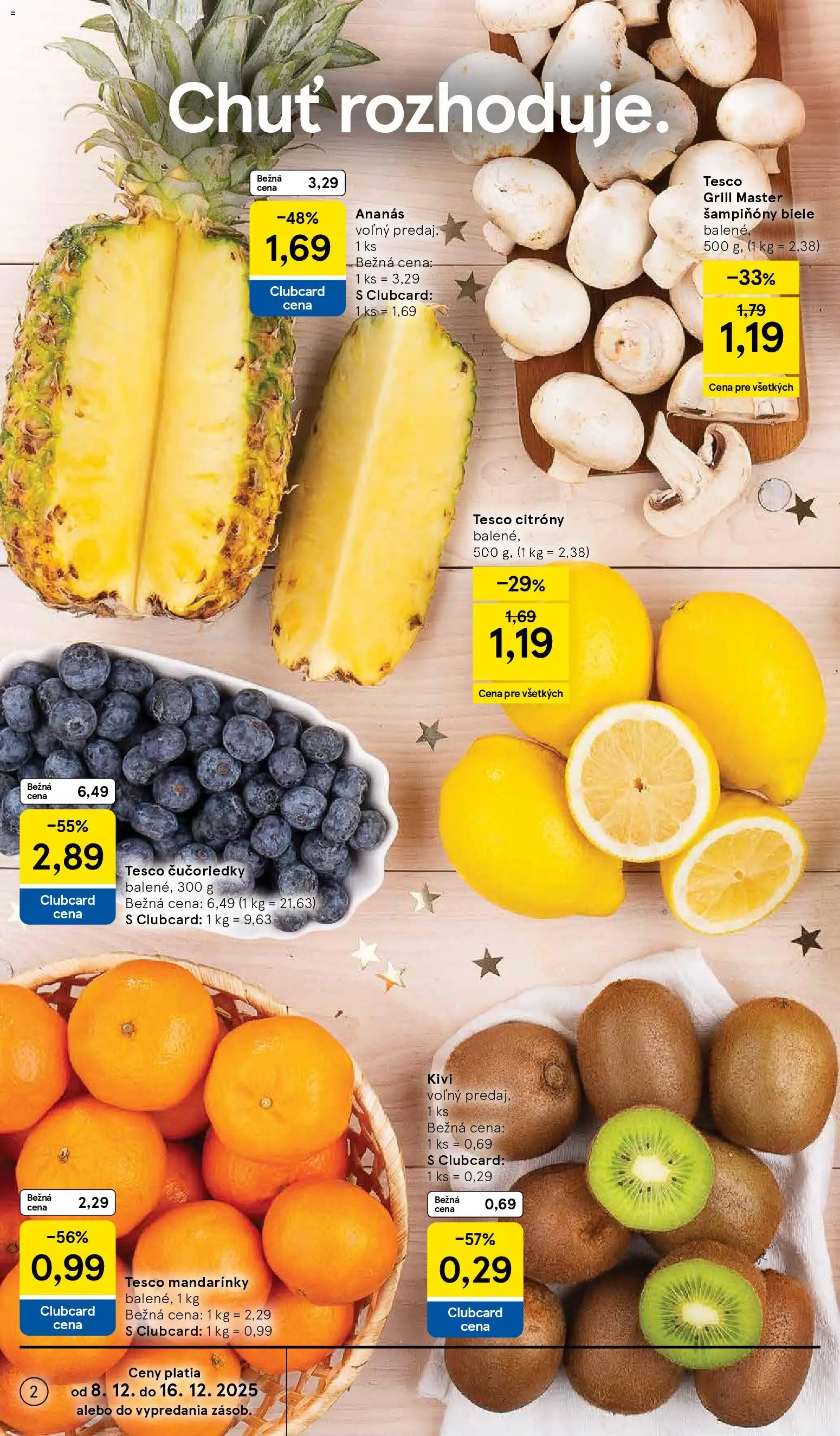 Nové Tesco akcie – leták je platný od 08.12.2025 | Strana: 2 | Produkty: Citróny, Ananás, Čučoriedky, Kiwi