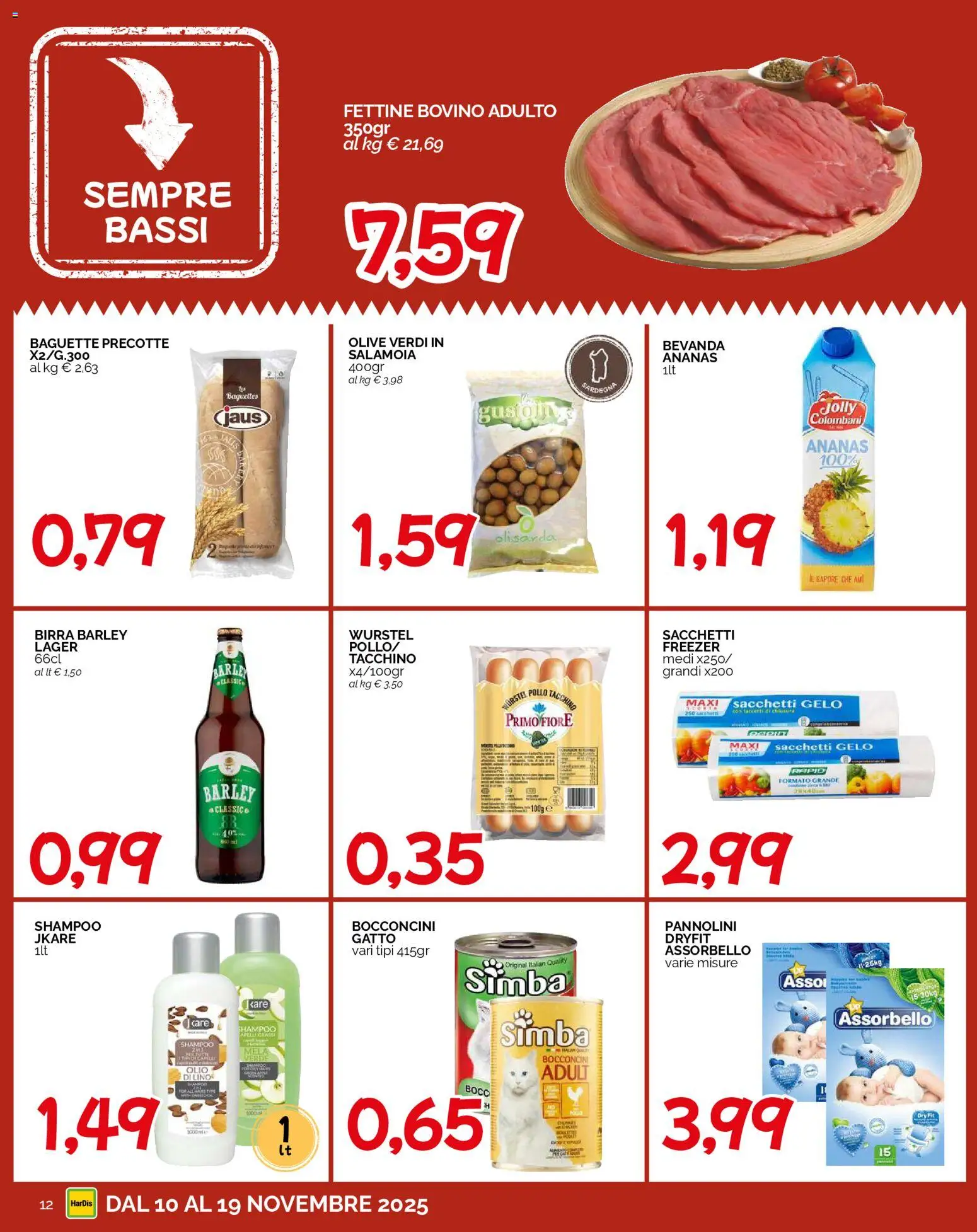 Volantino HarDis del 10.11.2025 | Pagina: 12 | Prodotti: Olio, Olive, Wurstel, Freezer