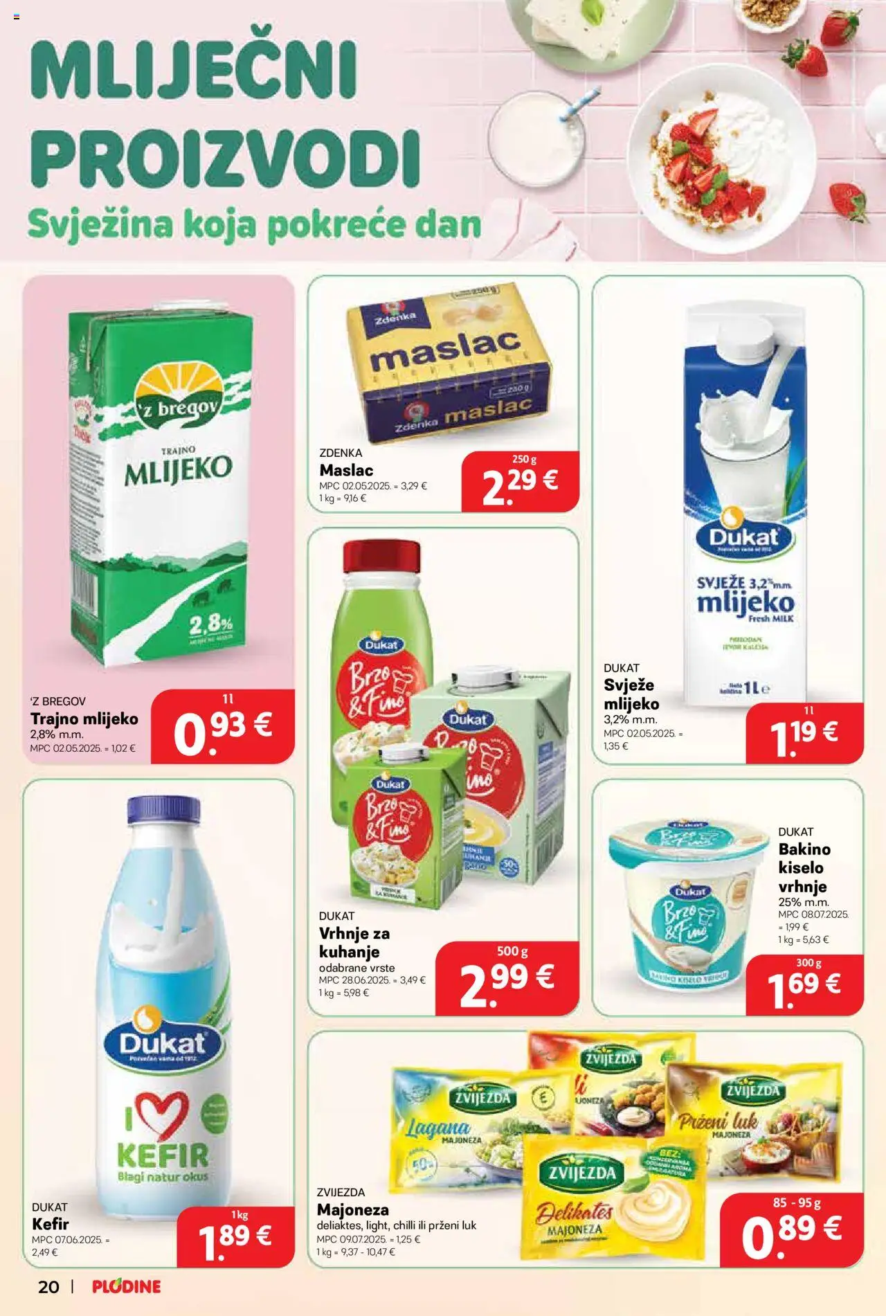 Plodine katalog | vrijedi od 27.08.2025 | Stranica: 20 | Proizvodi: Mlijeko, Luk, Majoneza, Kefir