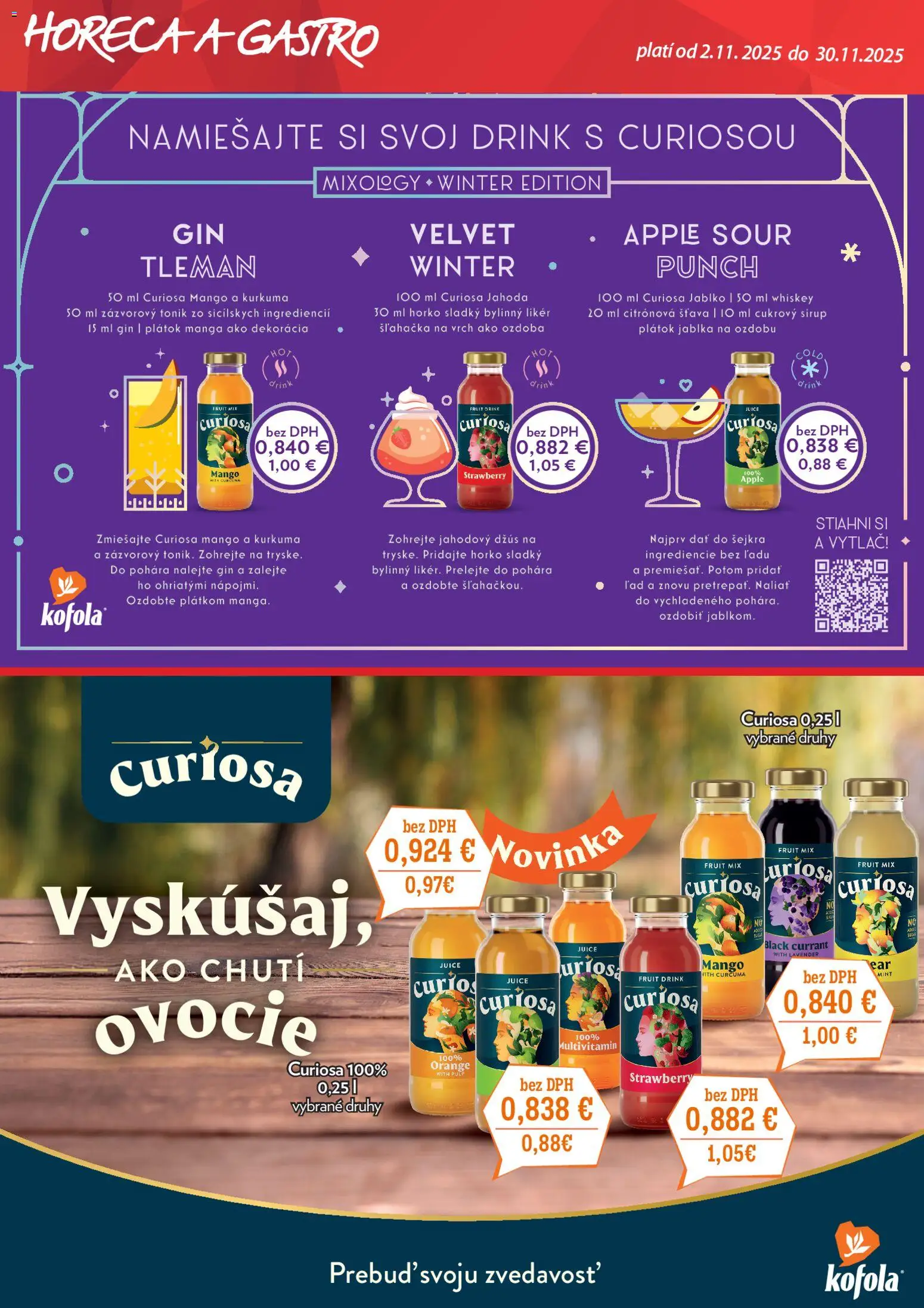 Nové CBA Verex akcie – leták je platný od 02.11.2025 | Strana: 1 | Produkty: Džús, Kofola, Mango, Kurkuma