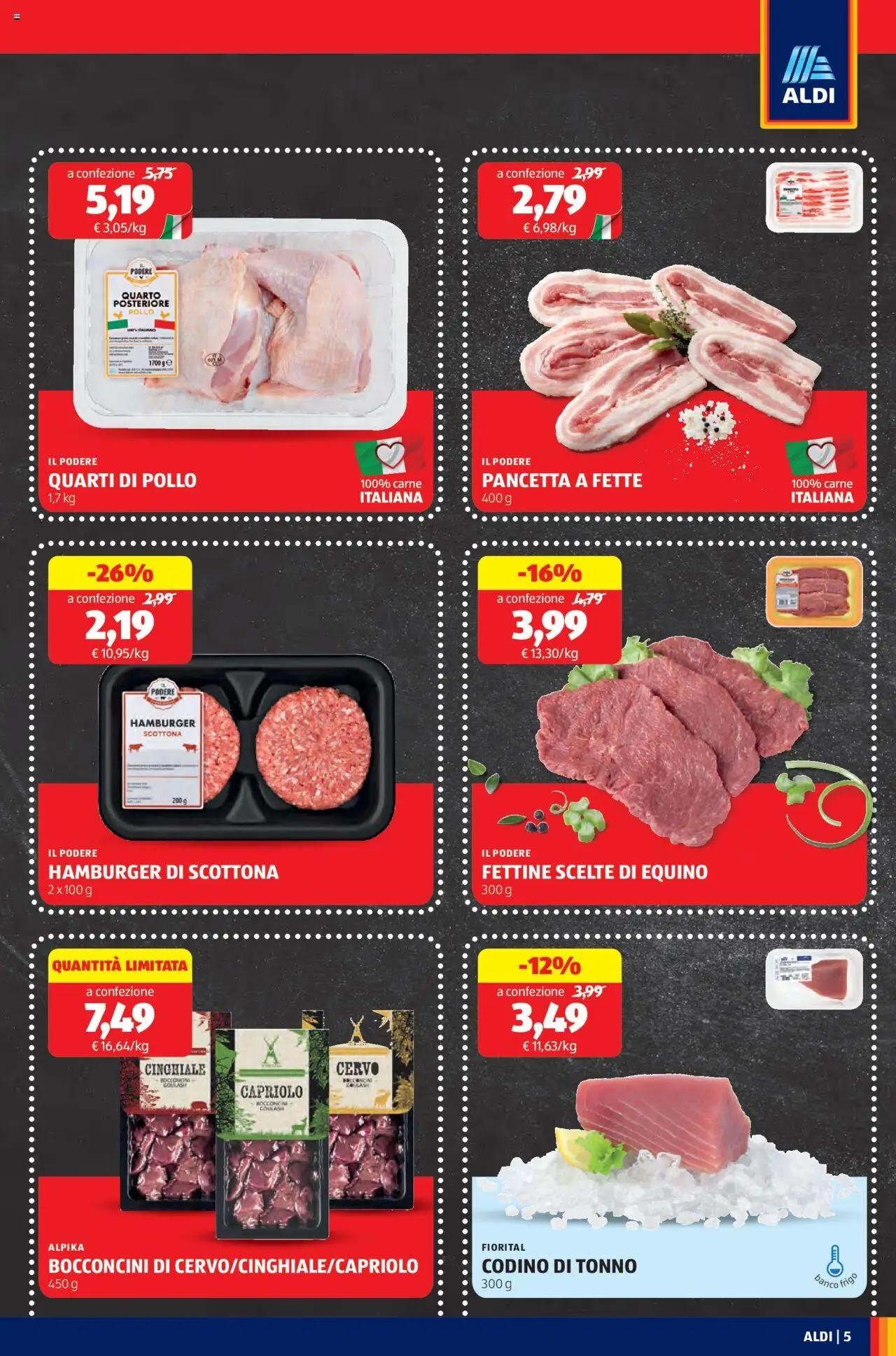 Volantino Aldi del 22.09.2025 | Pagina: 5 | Prodotti: Pollo, Pancetta, Tonno, Hamburger