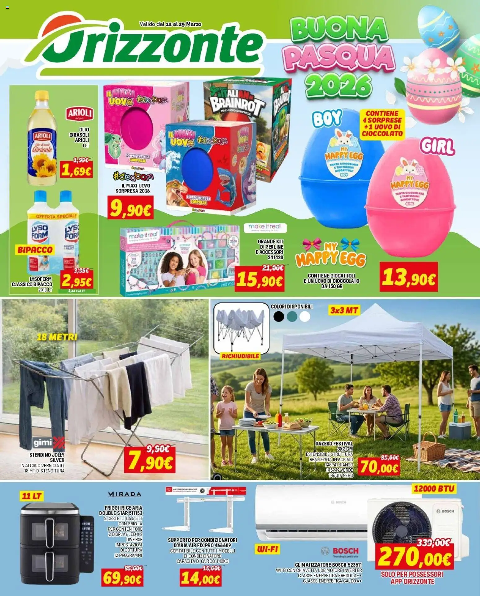 Volantino Orizzonte del 12.03.2026 | Pagina: 1 | Prodotti: Climatizzatore, Cioccolato, Stendino, Condizionatore