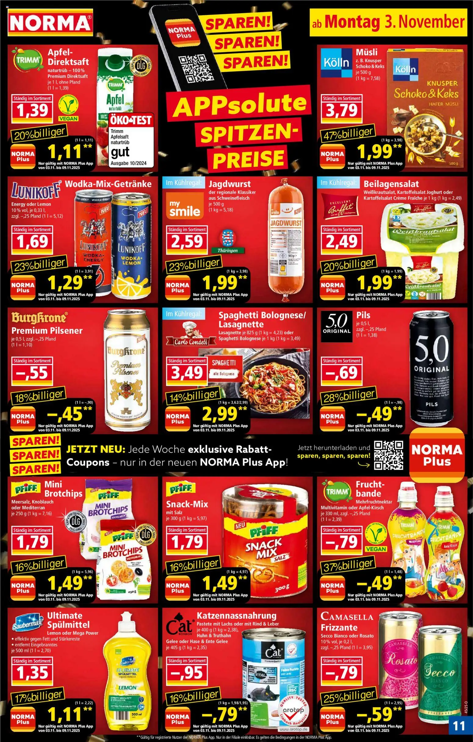 Norma Prospekt 	 – gültig ab 03.11.2025 | Seite: 11 | Produkte: Apfelsaft, Creme, Schweinefleisch, Wodka