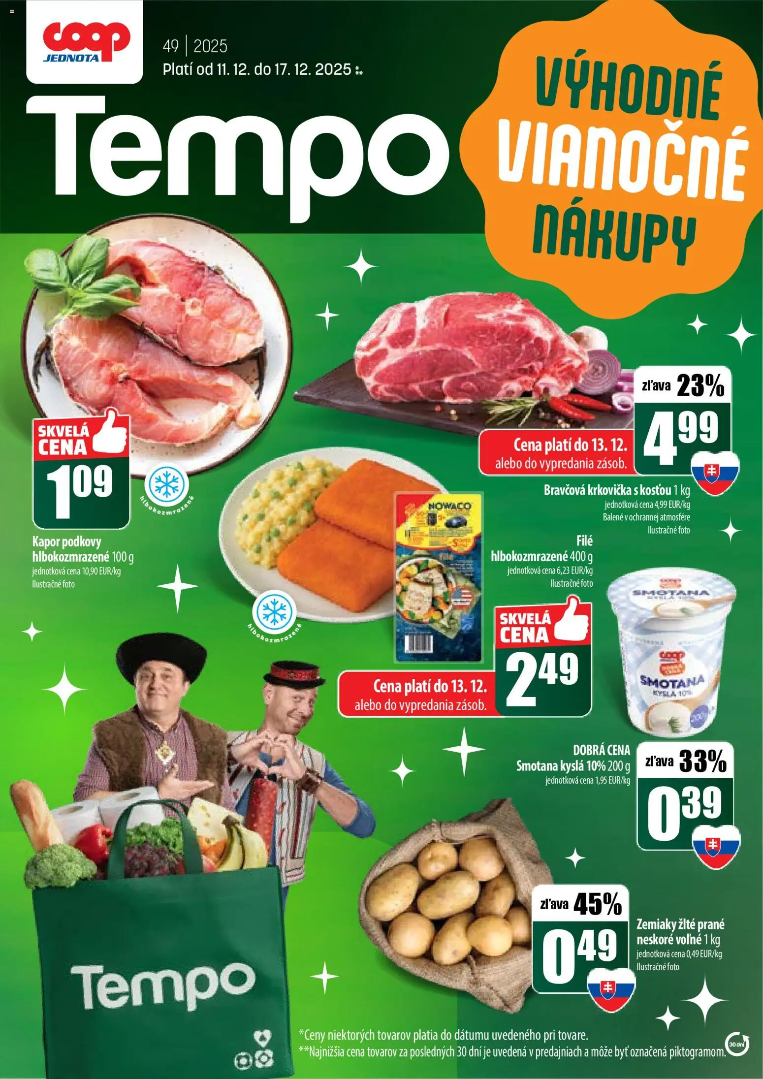 Nové COOP Jednota akcie – leták je platný od 11.12.2025 | Strana: 1 | Produkty: Smotana, Bravčová krkovička, Krkovička, Zemiaky