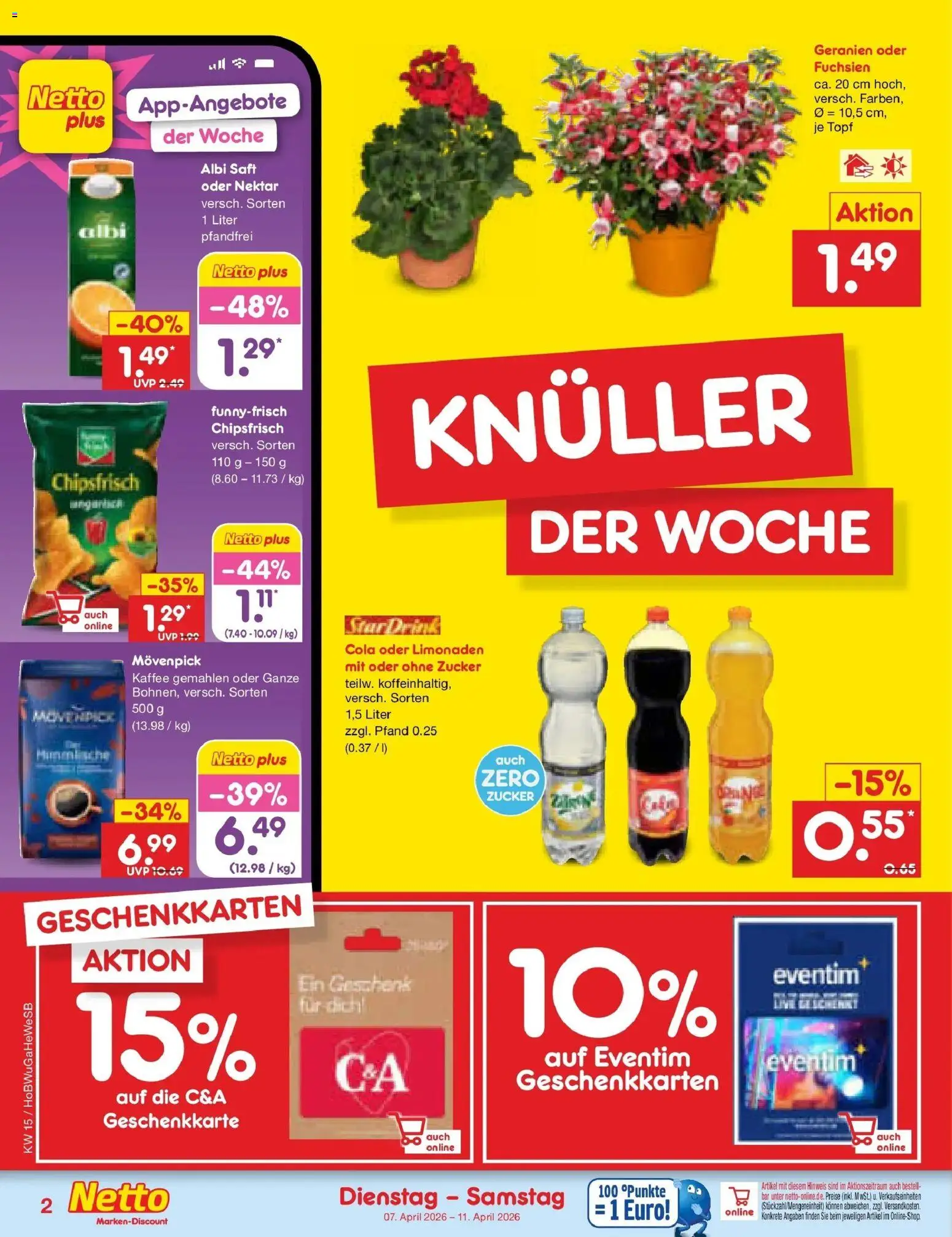 Netto Marken-Discount Prospekt Stemwede-Dielingen	 – gültig ab 07.04.2026 | Seite: 2 | Produkte: Cola, Geranien, Zucker, Saft