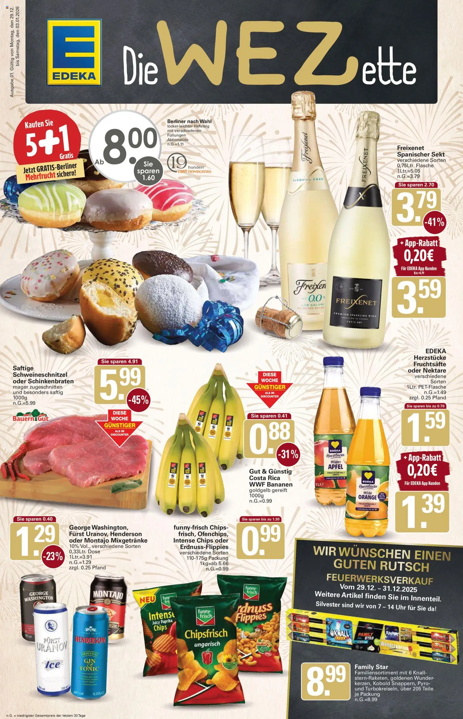 WEZ Prospekt – gültig ab 29.12.2025 | Seite: 1 | Produkte: Sekt, Funny frisch, Bananen, Erbsen