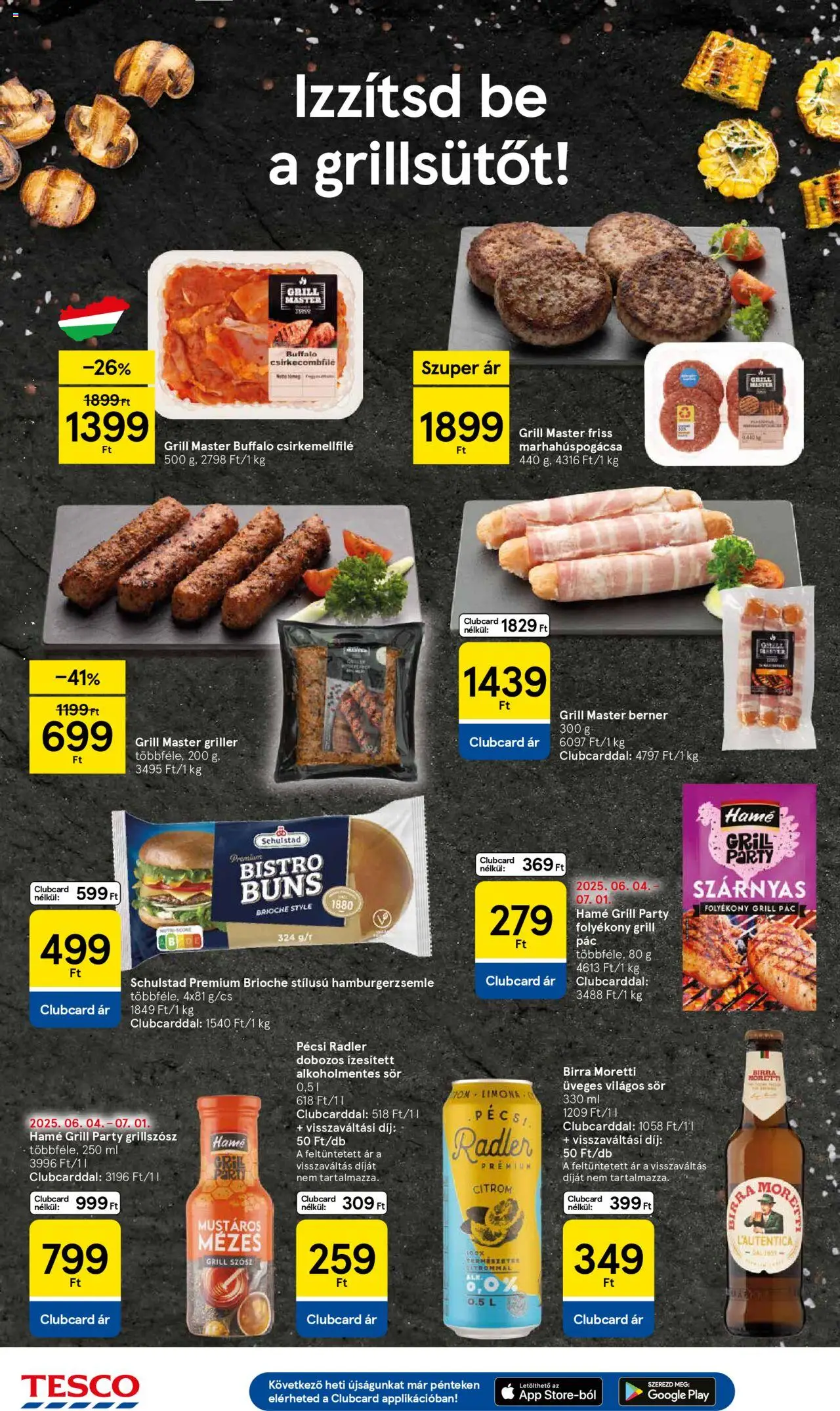 Tesco akciós ujság - amely érvényes a következő dátumtól: 26.06.2025 | Oldal: 10 | Termékek: Radler, Hamburgerzsemle, Grill, Szósz