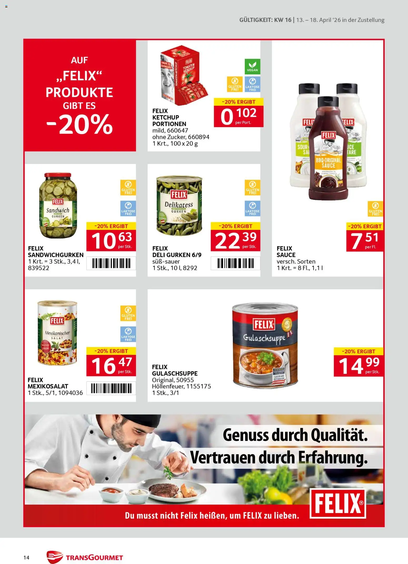 Transgourmet Zustellaktion gültig ab 13.04.2026 | Seite: 14 | Produkte: Ketchup, Gurken, Salat, Tomaten