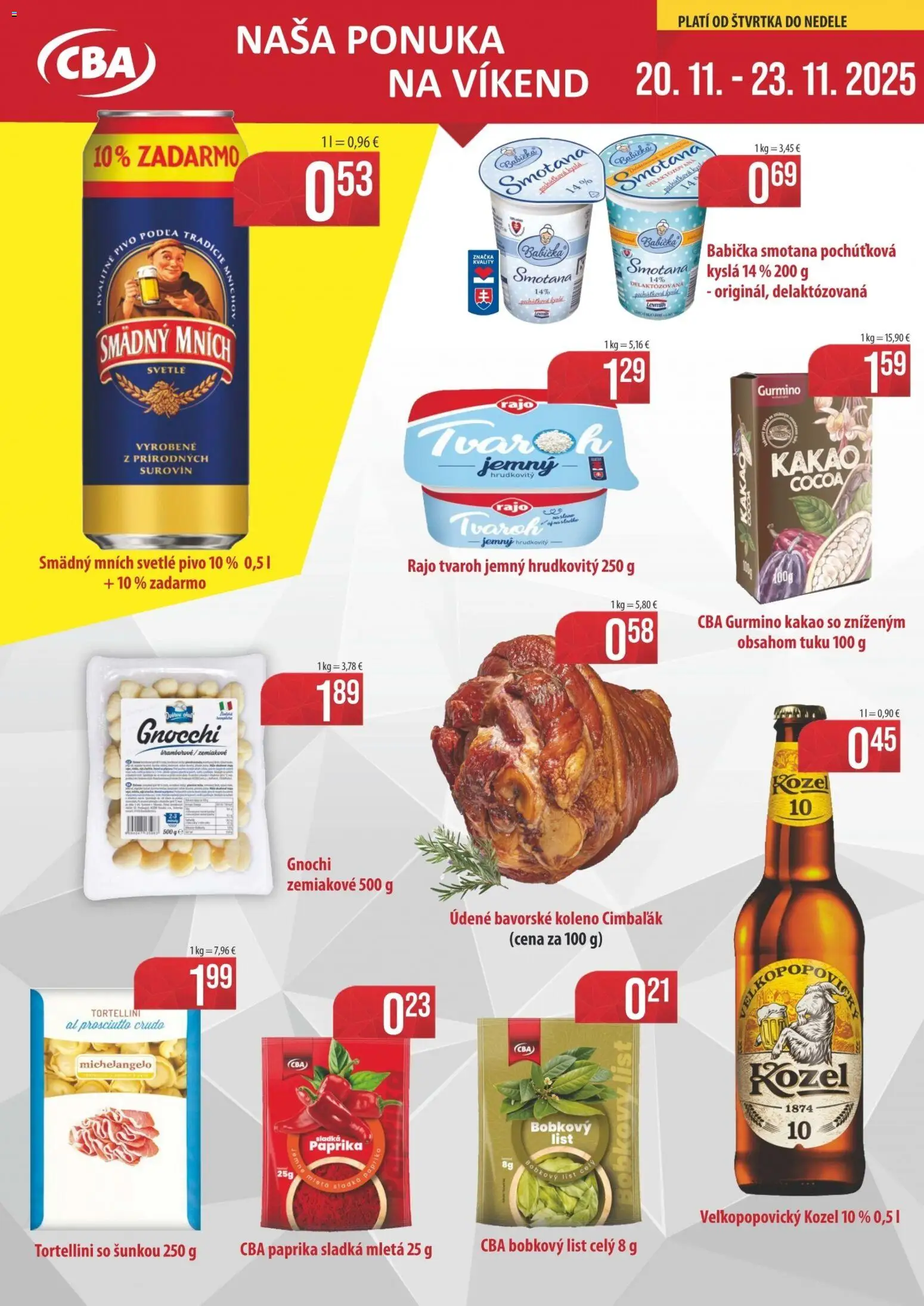 Nové Sintra akcie – leták je platný od 20.11.2025 | Strana: 1 | Produkty: Paprika, Pivo, Smädný Mních, Kakao