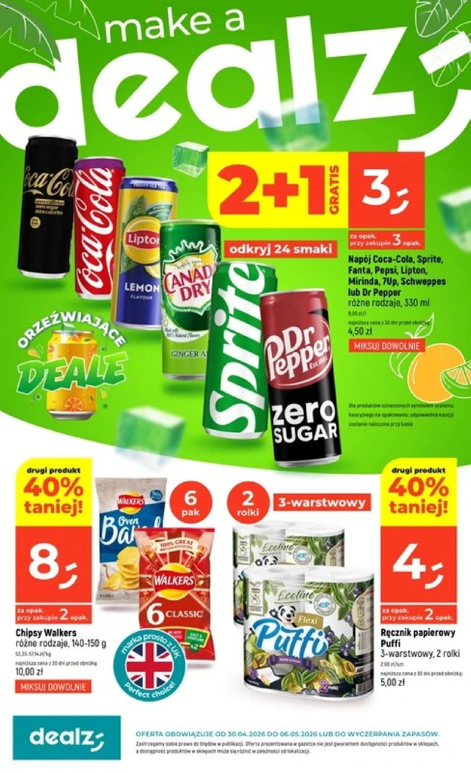 Dealz gazetka od 30.04.2026 | Strona: 1 | Produkty: Chipsy, Rolki, Sprite, Ręcznik papierowy