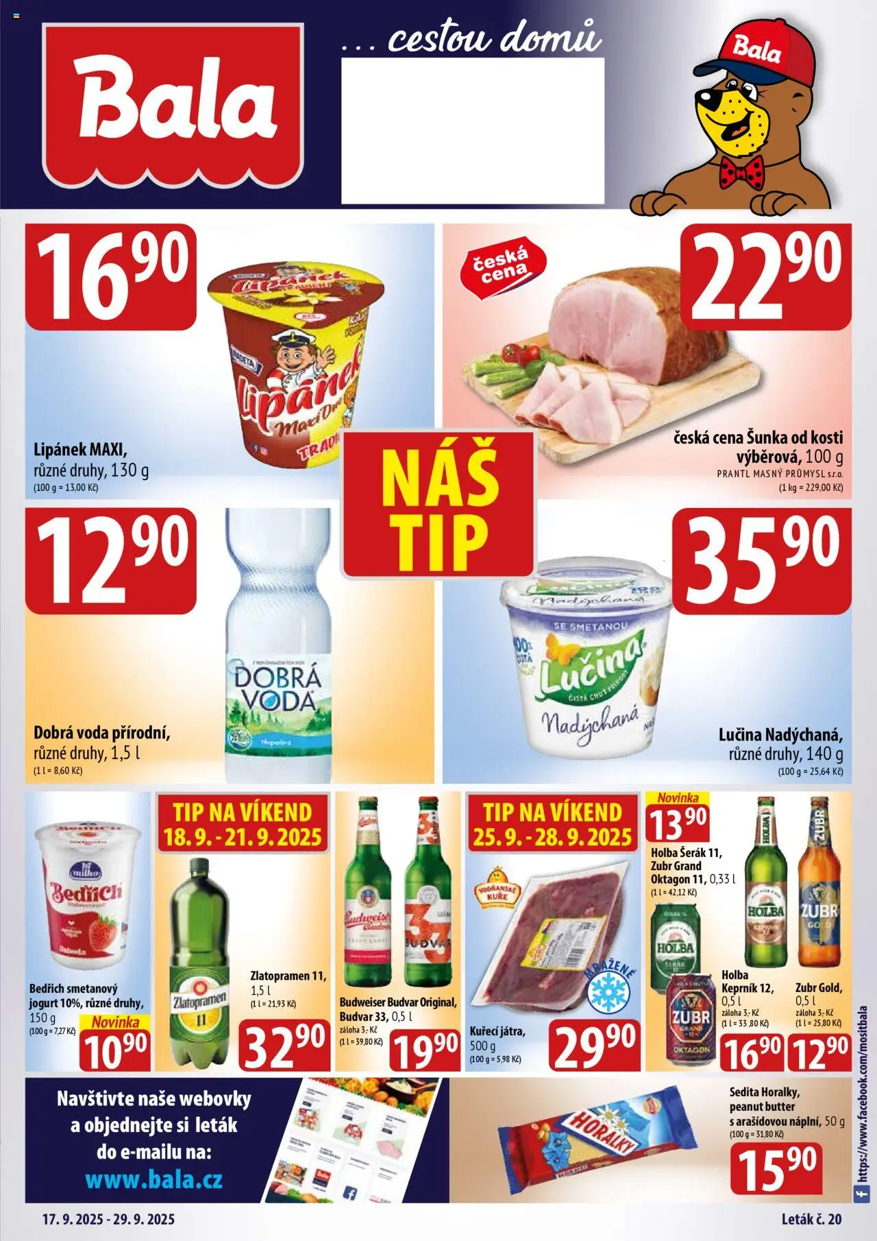 BALA velký leták Holba + od 17.09.2025 | Strana: 1 | Produkty: Holba šerák, Dobrá voda, Jogurt, Lučina