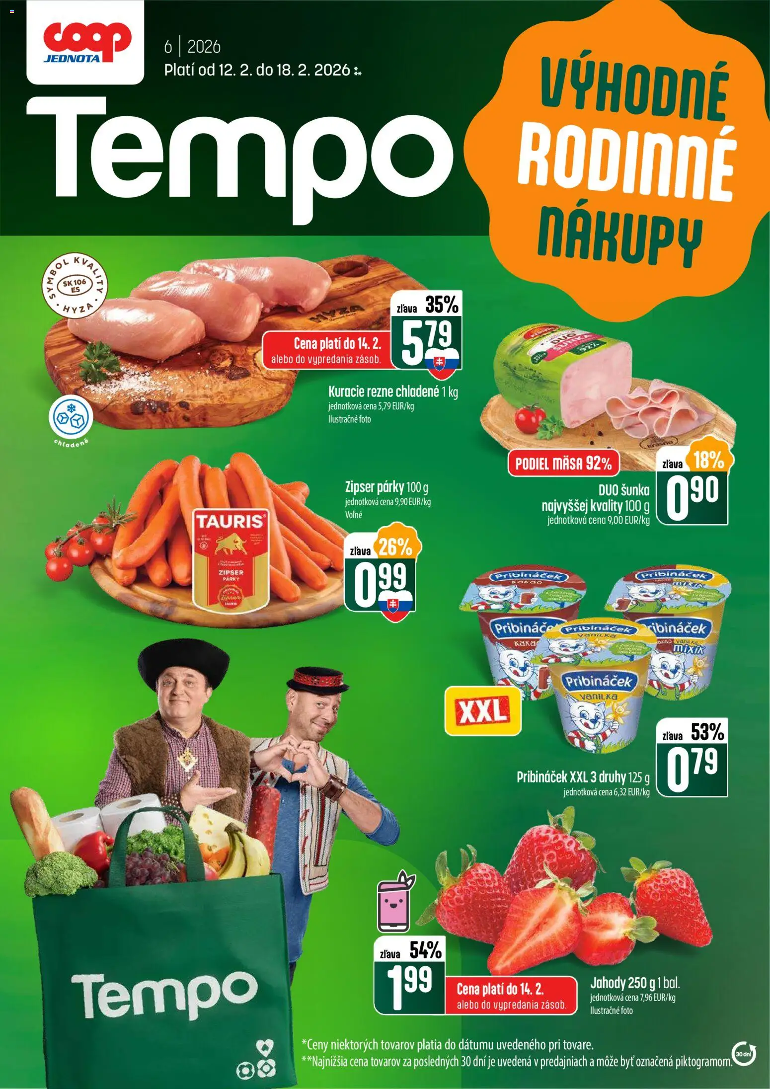 Nové COOP Jednota akcie – leták je platný od 12.02.2026 | Strana: 1 | Produkty: Šunka, Kuracie rezne, Jahody, Párky