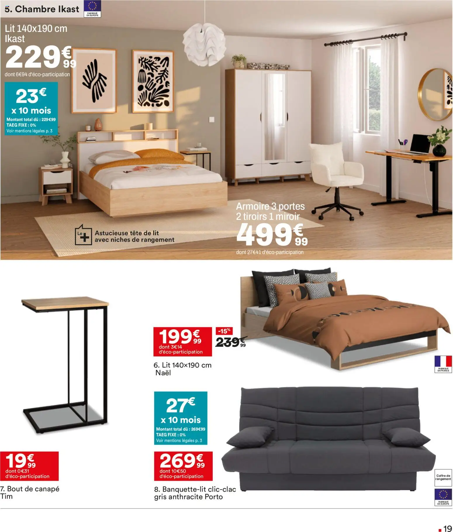 {H1} | Page: 19 | Produits: Tête de lit, Canapé, Miroir, Coffre de rangement