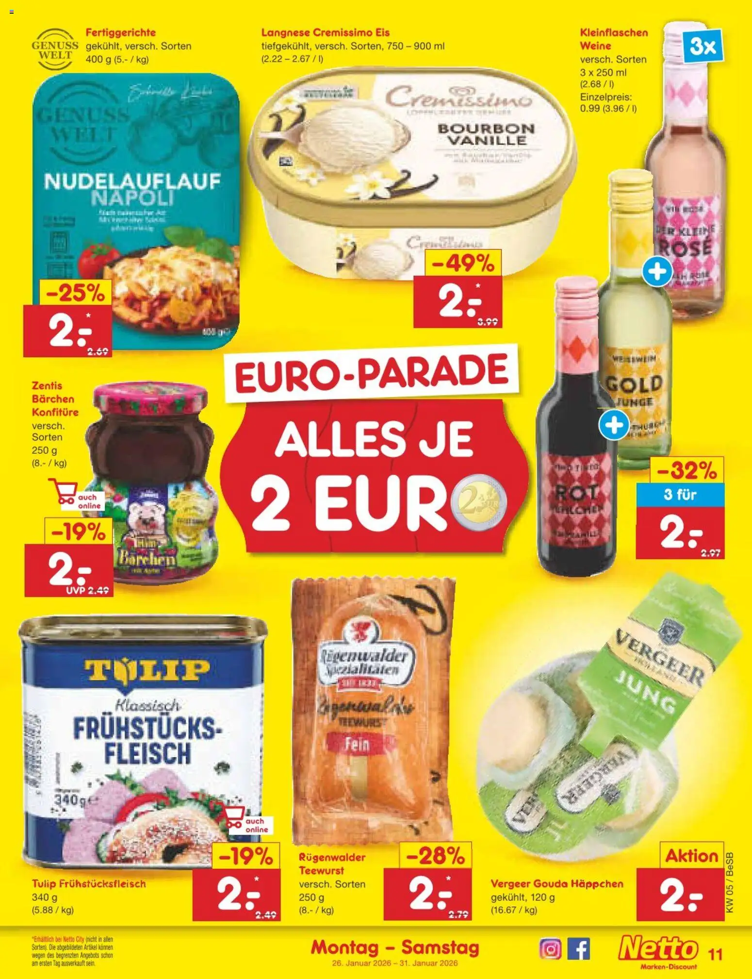Netto Marken-Discount Prospekt 	 – gültig ab 26.01.2026 | Seite: 11 | Produkte: Cremissimo, Bourbon, Fleisch, Eis