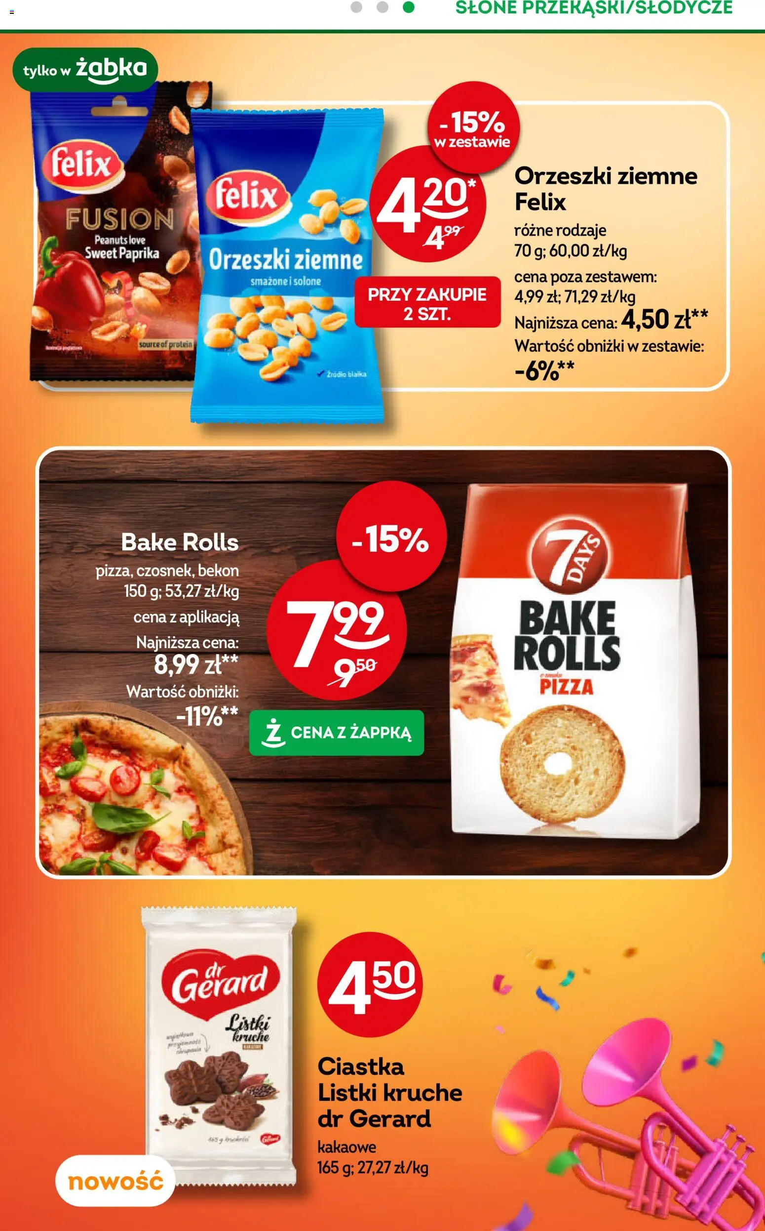 Żabka Gazetka od 14.01.2026 | Strona: 15 | Produkty: Bekon, Orzeszki ziemne, Pizza, Ciastka