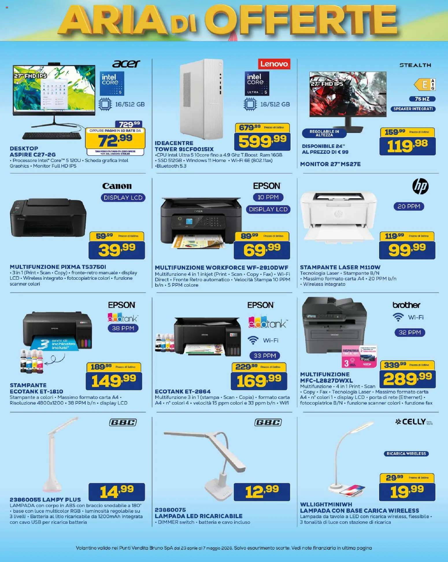 Volantino Euronics del 23.04.2026 | Pagina: 17 | Prodotti: Monitor, Cavo, Stampa, Lampada