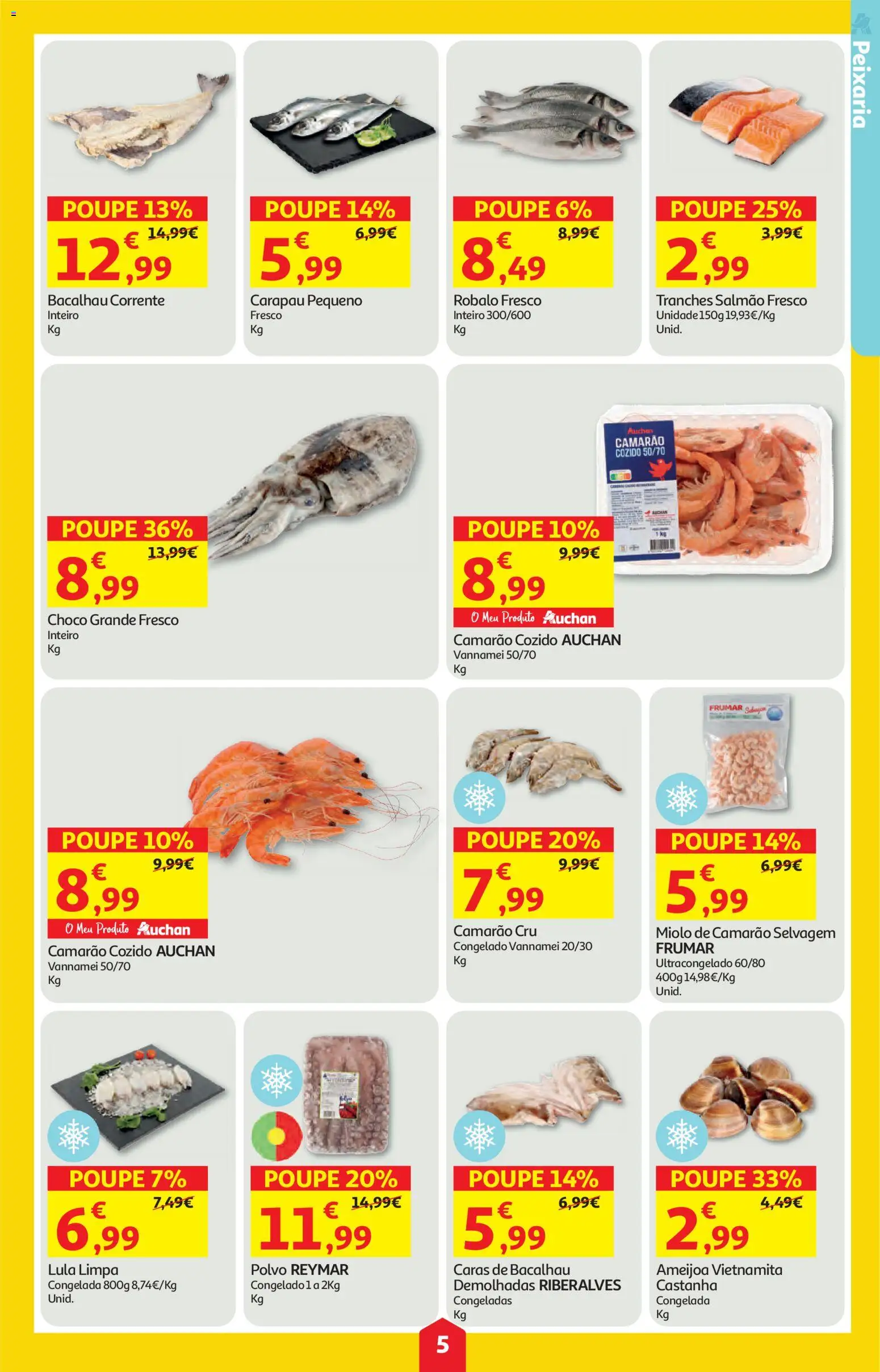 Auchan folheto │ válido de 05.02.2026 | Página: 5 | Produtos: Bacalhau, Polvo, Camarão, Salmão