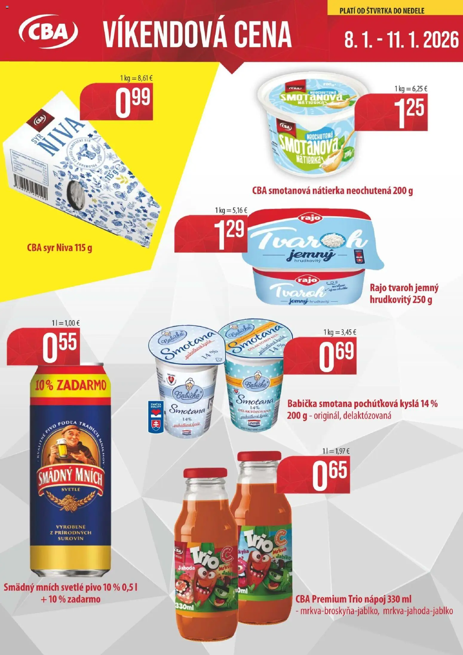 Nové KARMEN CBA akcie – leták je platný od 08.01.2026 | Strana: 1 | Produkty: Pivo, Syr, Smotana, Tvaroh