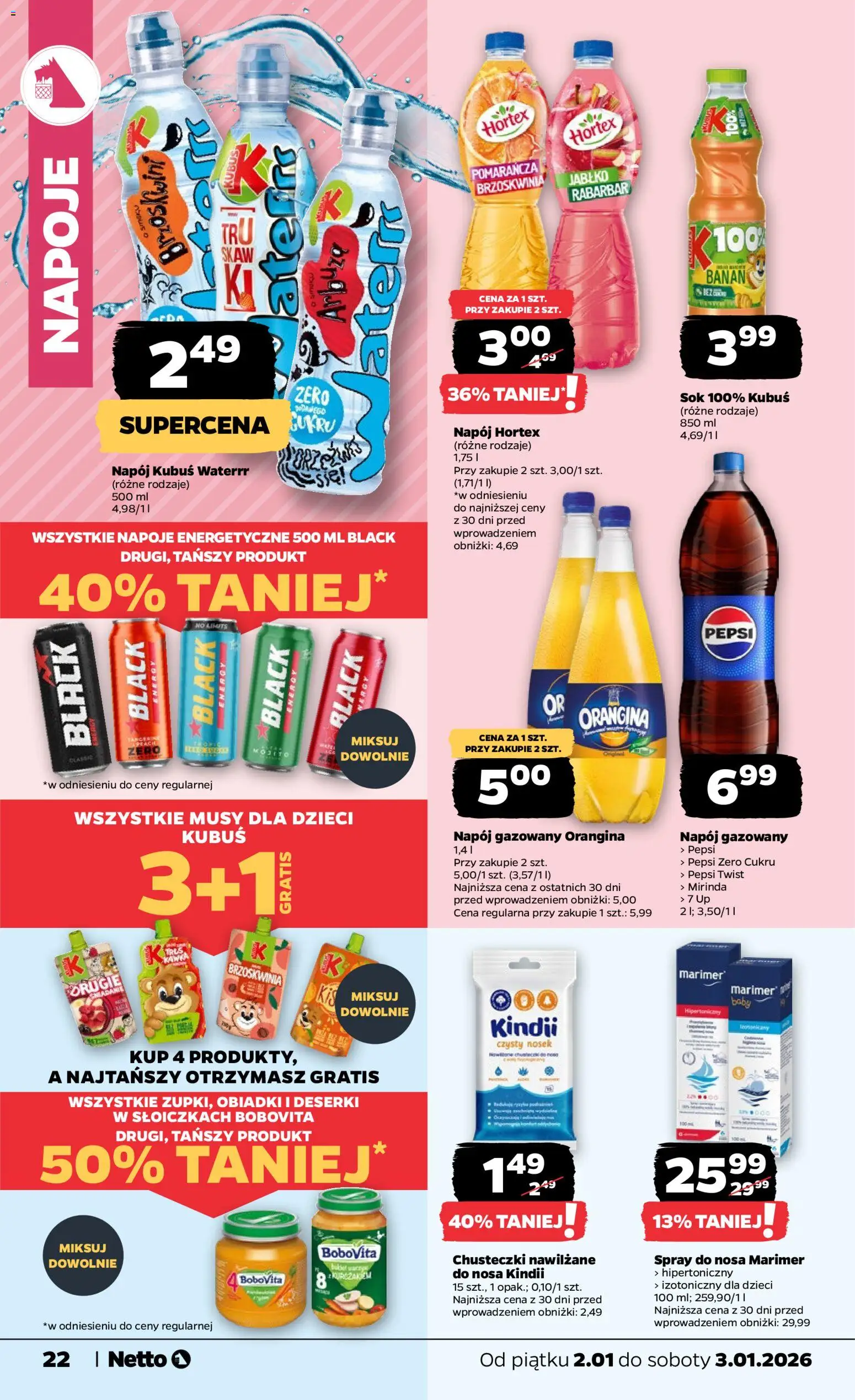 Netto gazetka - Spożywcza od 02.01.2026 | Strona: 22 | Produkty: Napoje, Pepsi, Sok, Banan