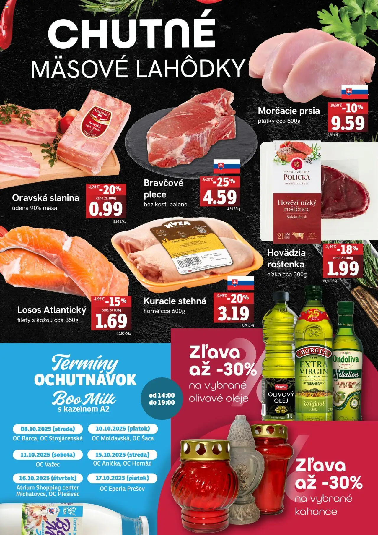 Nové Fresh akcie – leták je platný od 02.10.2025 | Strana: 2 | Produkty: Olej, Kuracie stehná, Losos, Steak