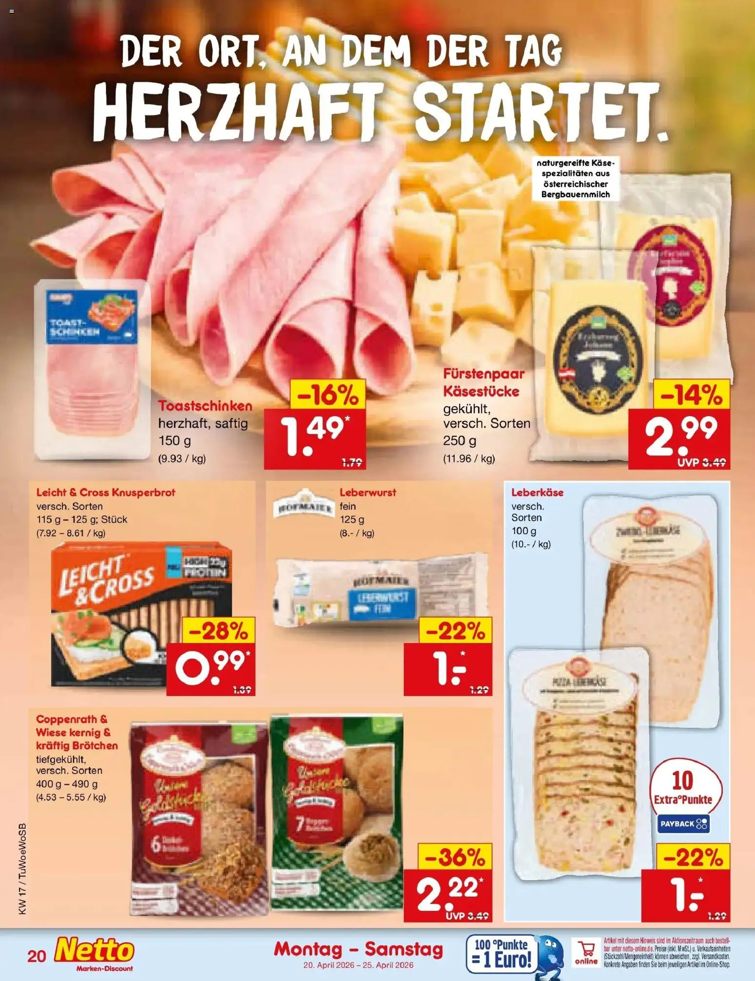 Netto Marken-Discount Prospekt Mannheim	 – gültig ab 20.04.2026 | Seite: 22 | Produkte: Käse, Toastschinken, Leberkase