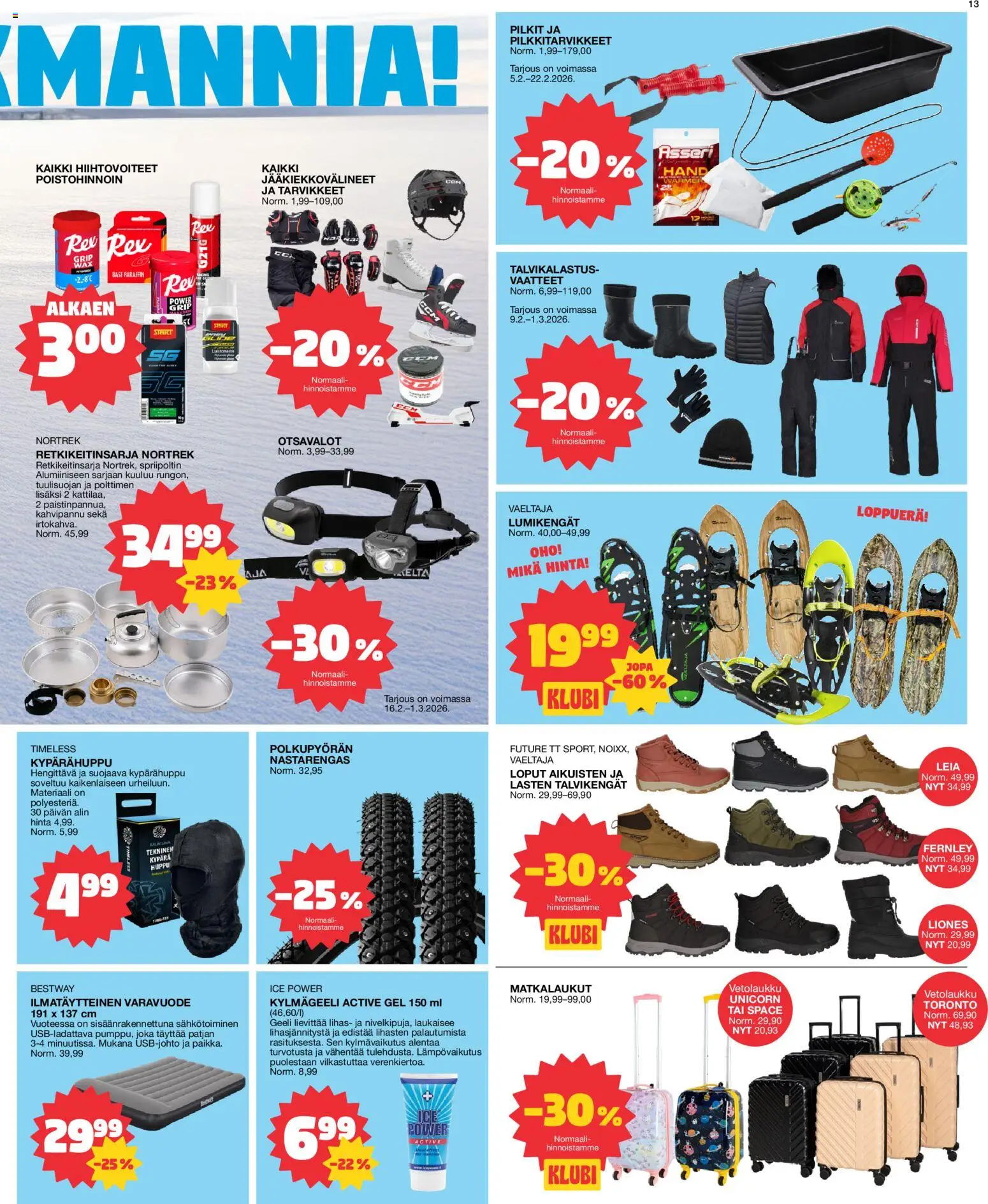 Tokmanni tarjoukset – voimassa 16.02.2026 alkaen | Sivu: 13 | Tuotteet: USB, Lumikengät, Vaatteet, Talvikengät