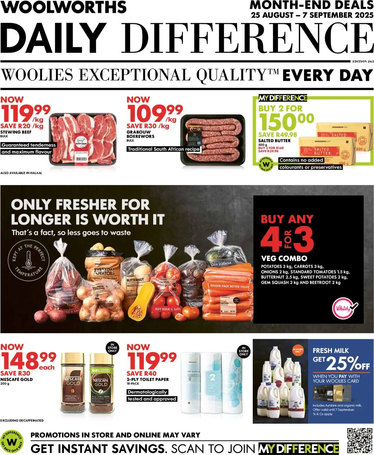 Woolworths Specials │ valid from 25.08.2025 | Page: 1 | Products: Squash, Carrots, Onions, Toilet paper
