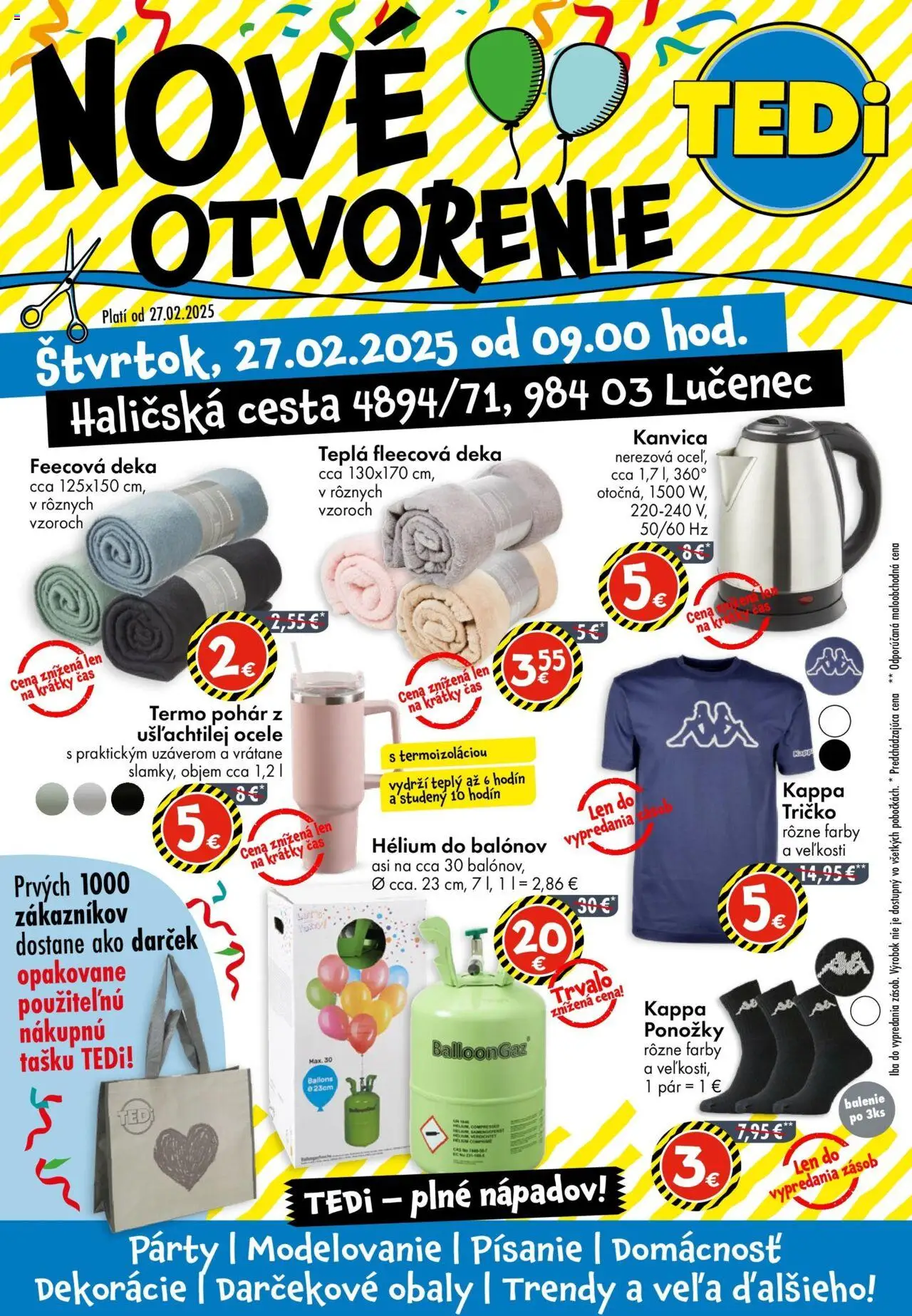 TEDi nové otvorenie Lučenec │ platný od 27.02.2025 | Strana: 1 | Produkty: Kanvica, Tričko, Ponožky