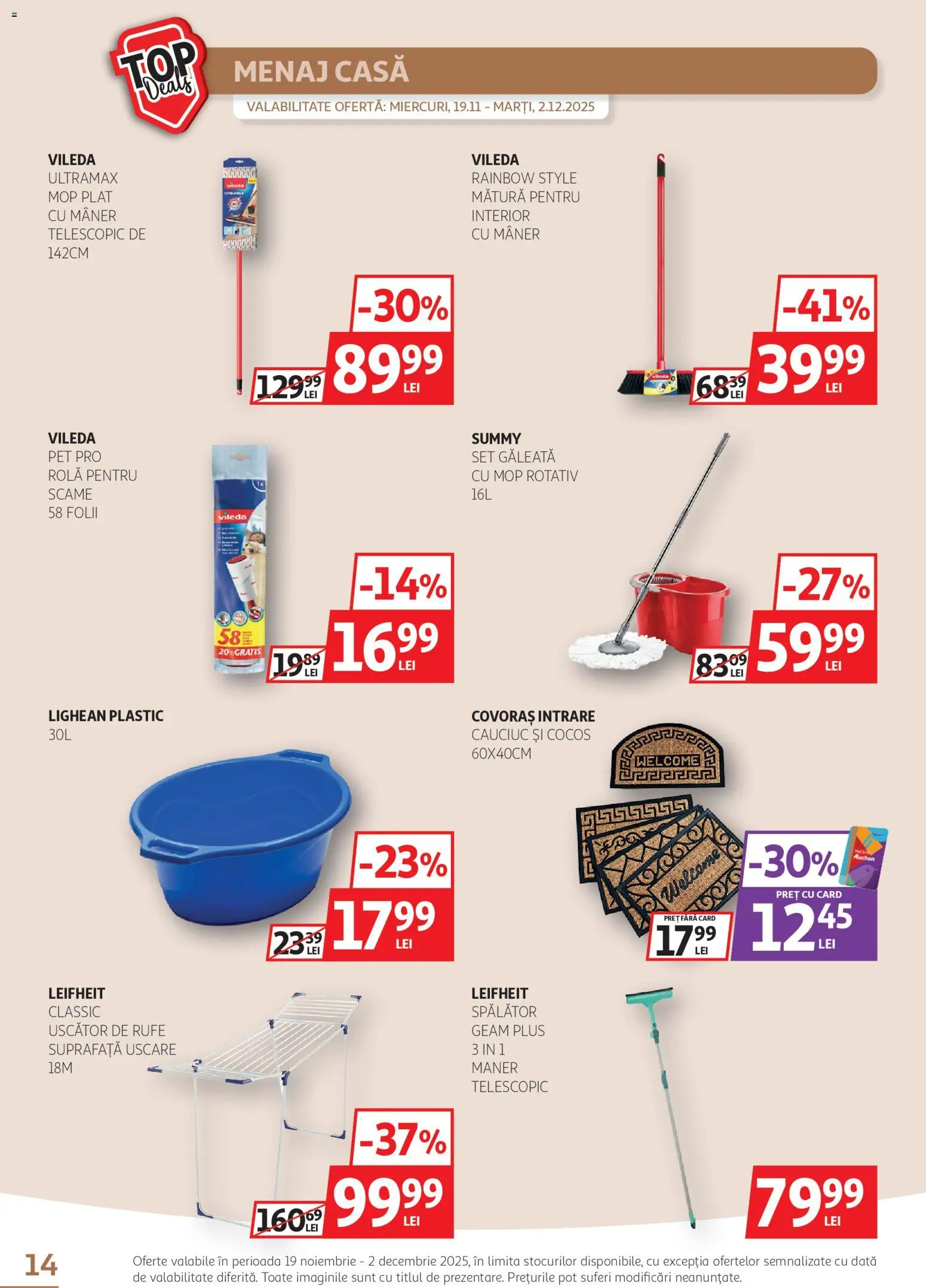 Noul catalog Auchan – valabil de la 19.11.2025 | Pagină: 14 | Produse: Uscător, Mop, Mătură, Bisiklet Aparatları