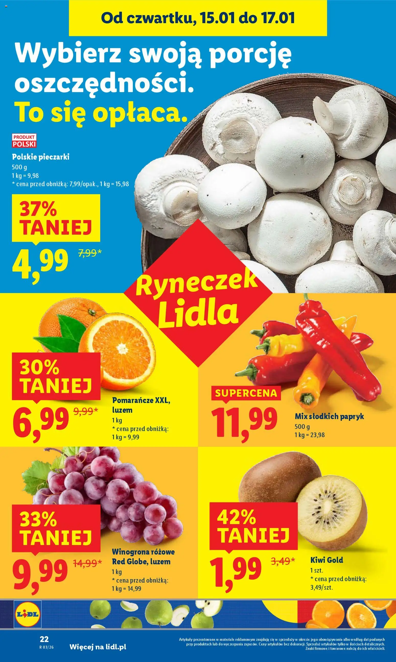 Lidl Gazetka od 15.01.2026 | Strona: 22 | Produkty: Winogrona, Pieczarki, Pomarańcze, Kiwi