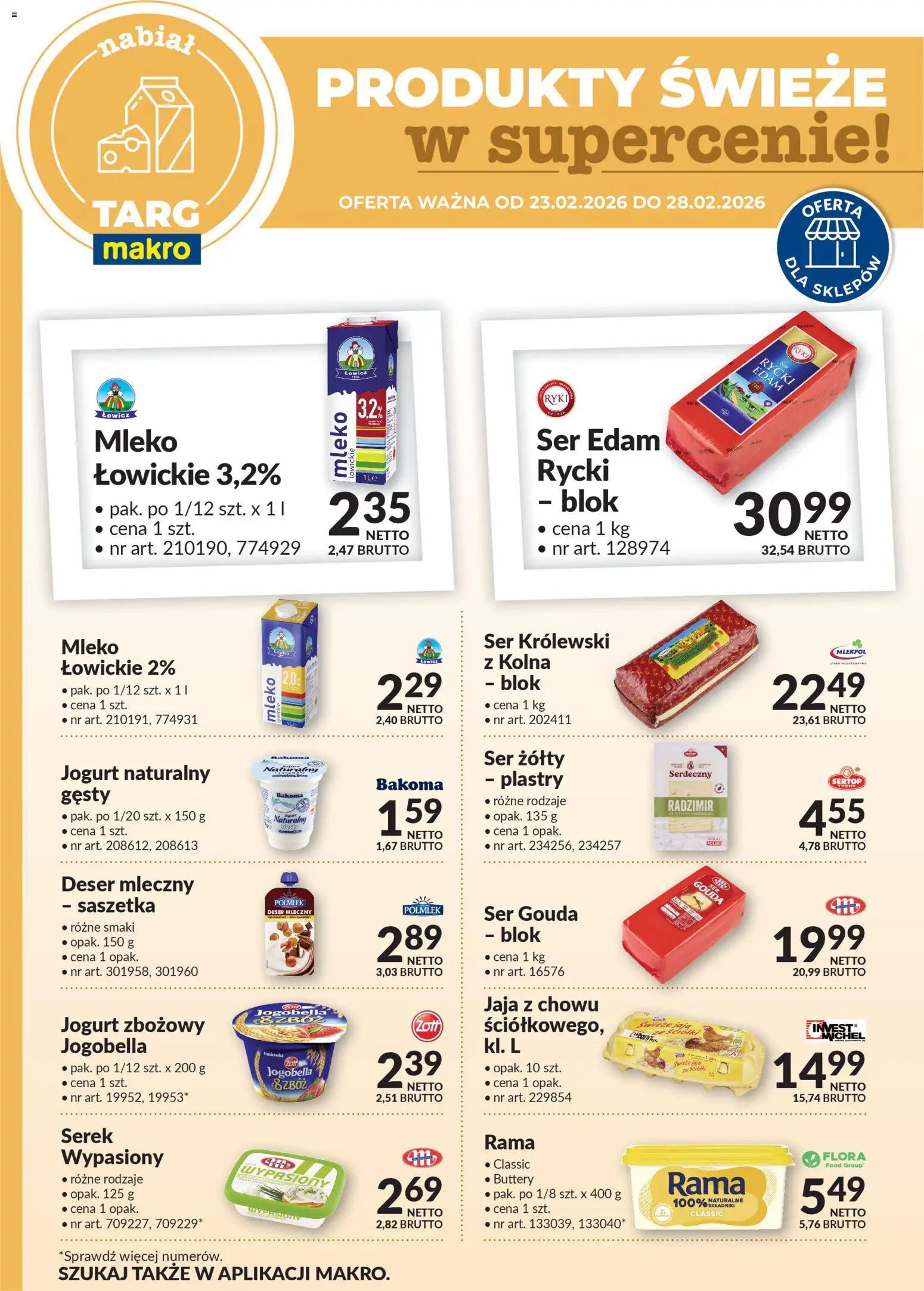 Makro Gazetka - Oferta świeża w super cenach od 23.02.2026 | Strona: 1 | Produkty: Ser żółty, Mleko, Ser, Jaja
