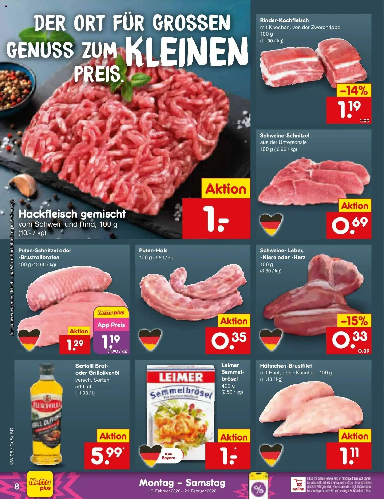 Netto Marken-Discount prospekt Glauchau	 – gültig ab 16.02.2026 | Seite: 8 | Produkte: Putenschnitzel, Fleisch, Hackfleisch