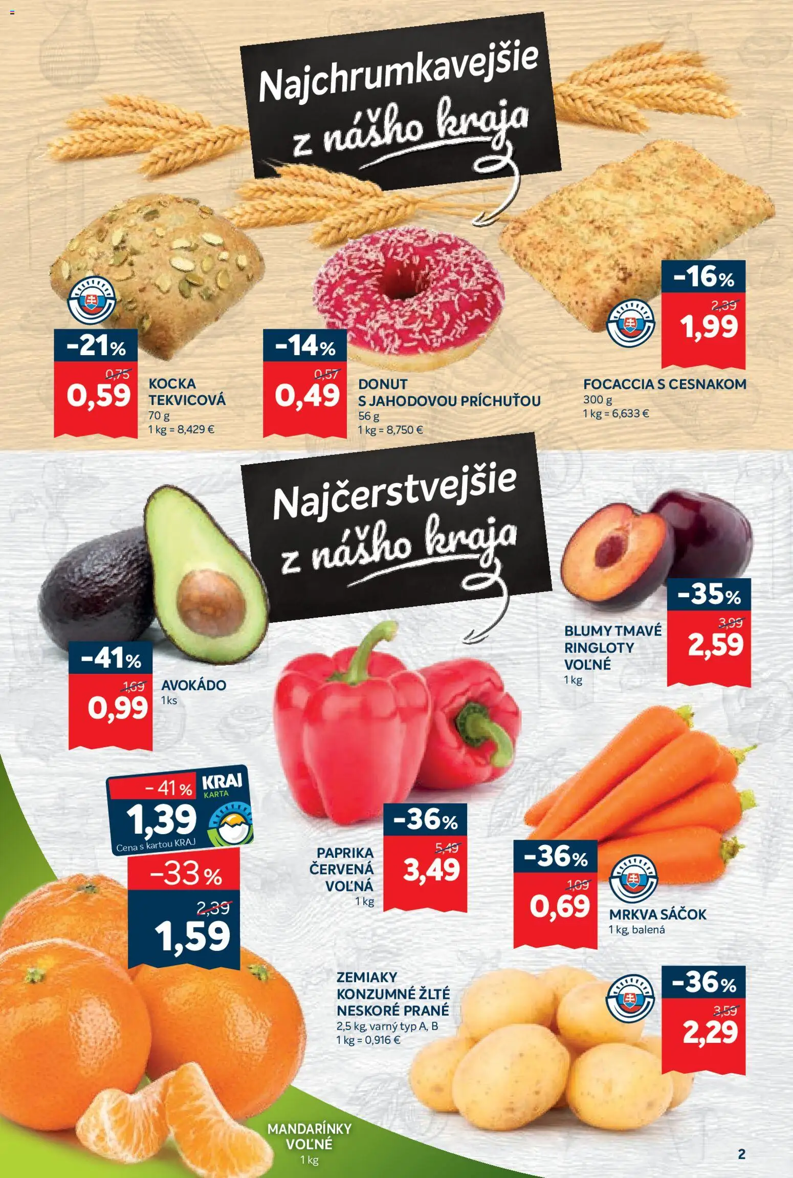 Nové Kraj akcie – leták je platný od 16.04.2026 | Strana: 2 | Produkty: Paprika, Donut, Mandarinky, Mrkva