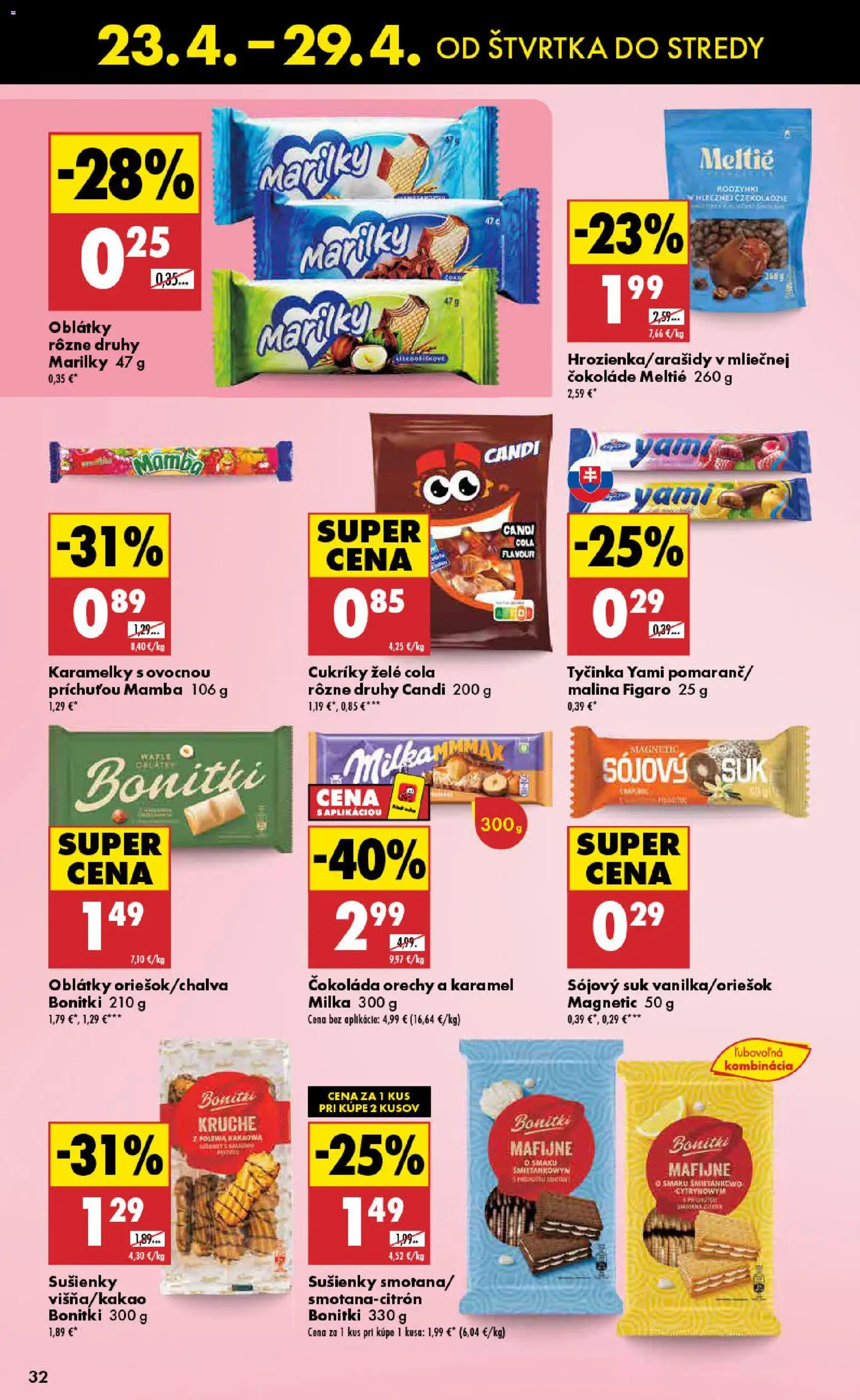 Nové Biedronka akcie – leták je platný od 23.04.2026 | Strana: 32 | Produkty: Cukríky, Orechy, Milka, Cola