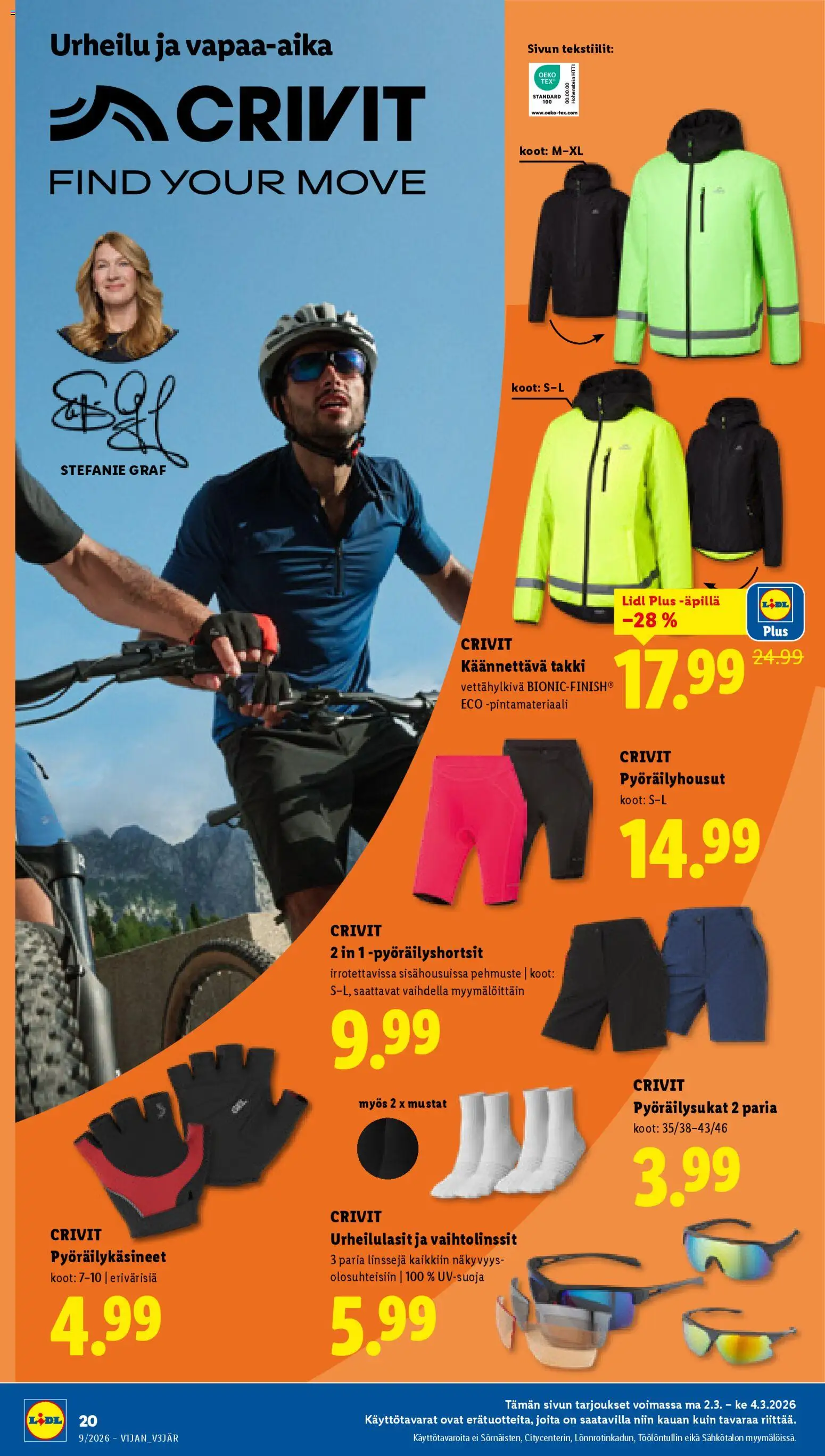 Lidl tarjoukset - Tampere – voimassa 26.02.2026 alkaen | Sivu: 26 | Tuotteet: Pyöräilyhousut, Urheilulasit, Takki