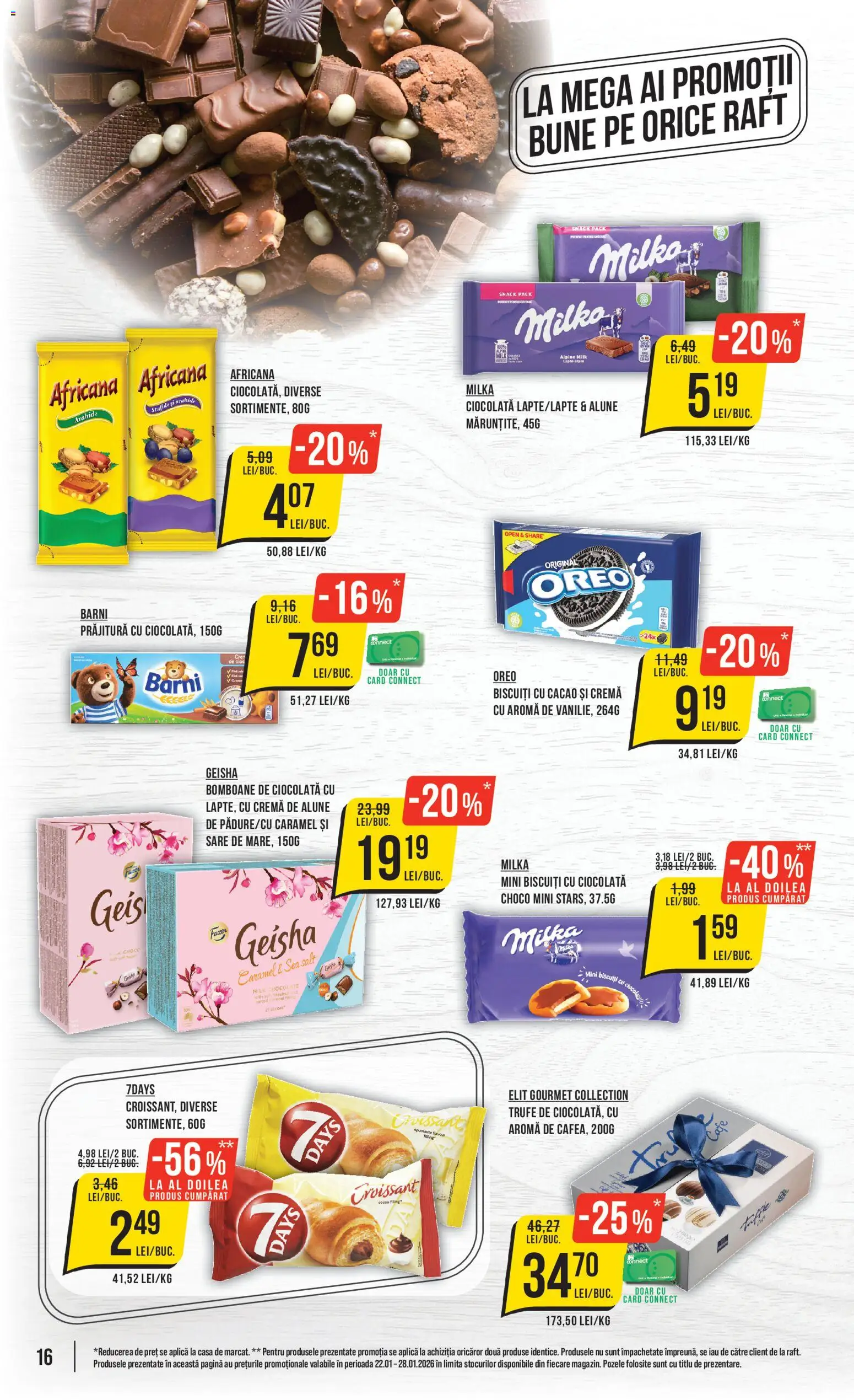 Noul catalog Mega Image – valabil de la 22.01.2026 | Pagină: 16 | Produse: Prăjitură, Cremă, Bomboane, Biscuiți