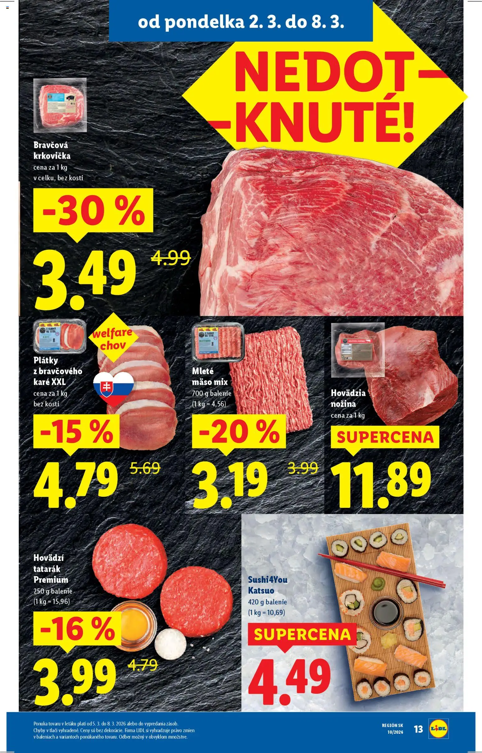 Nové Lidl akcie – leták je platný od 02.03.2026 | Strana: 13 | Produkty: Bravčová krkovička, Krkovička, Tatarák, Sushi