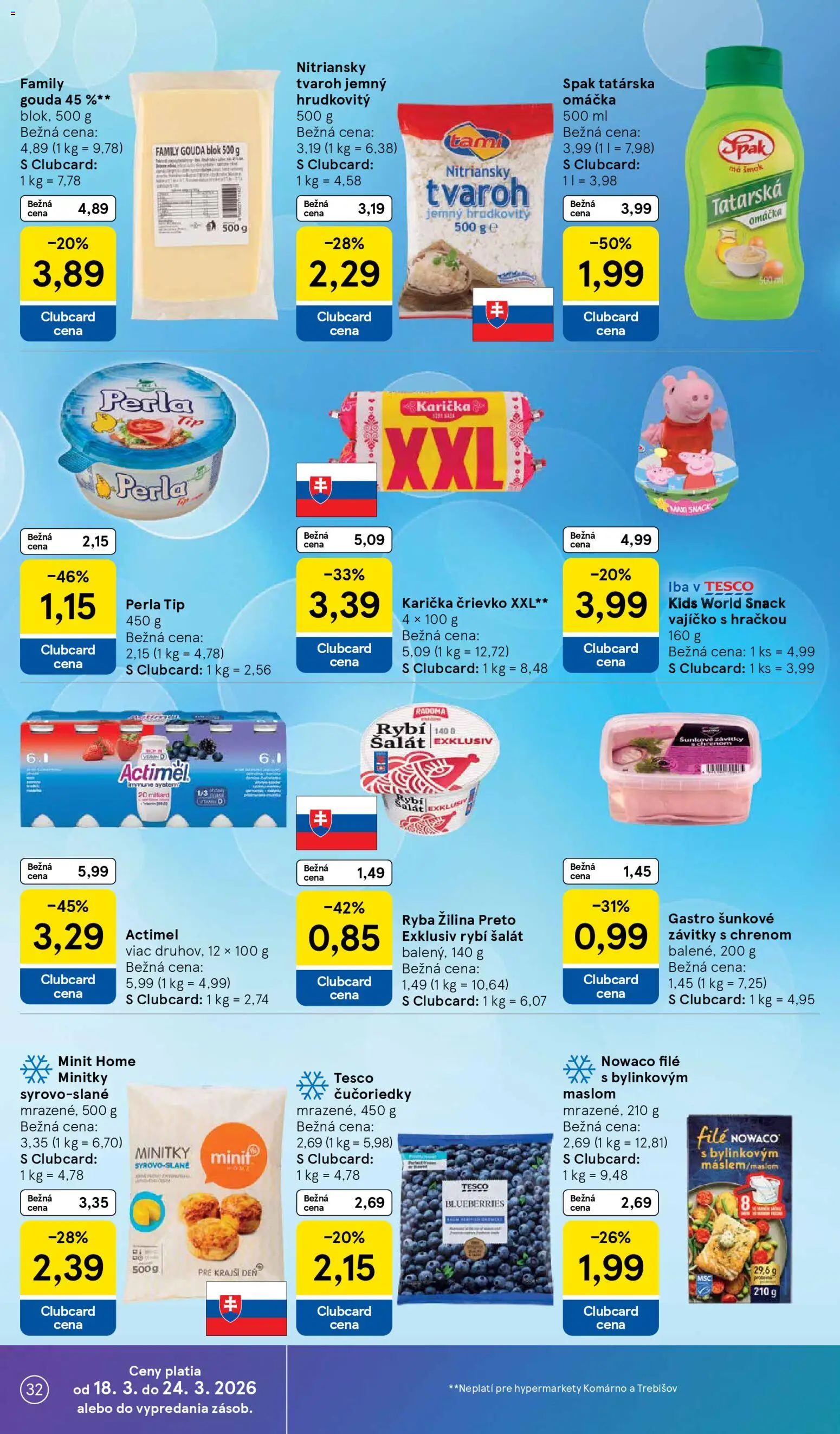 Nové Tesco akcie – leták je platný od 18.03.2026 | Strana: 32 | Produkty: Gouda, Tvaroh, Tatárska omáčka, Actimel