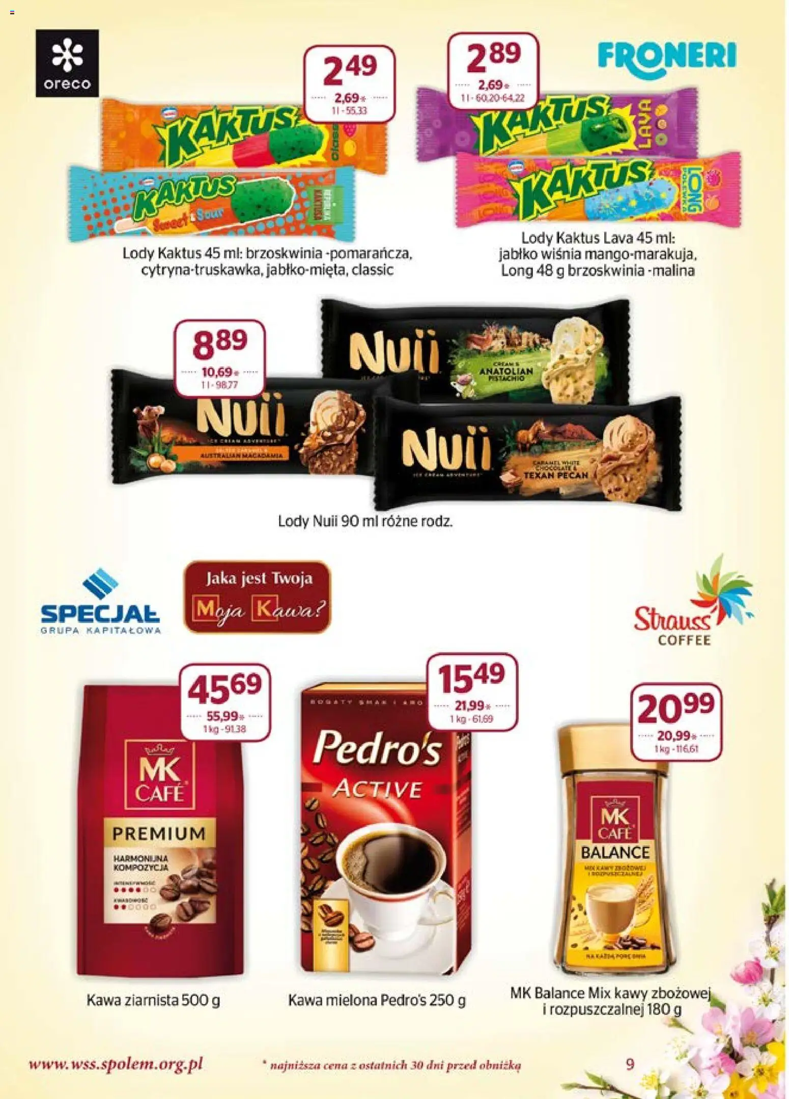 Społem gazetka od 01.04.2026 | Strona: 9 | Produkty: Brzoskwinia, Malina, Kawa ziarnista, Lody