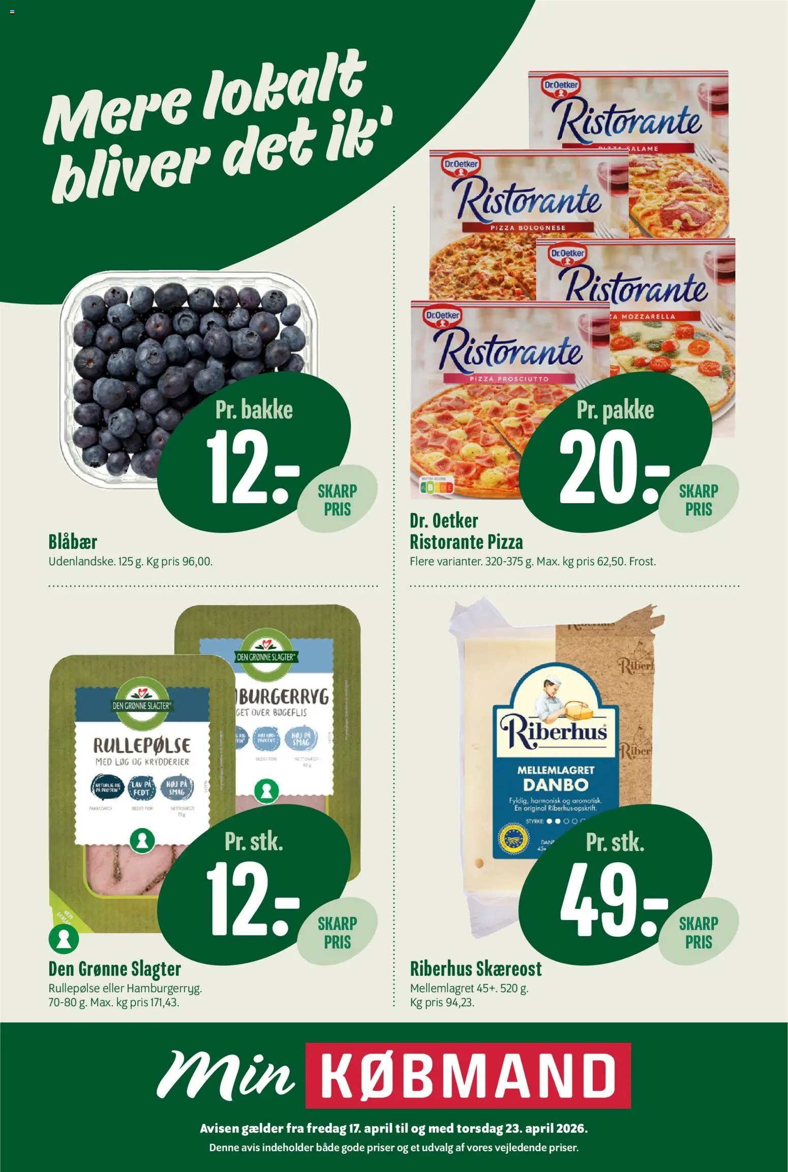 Min Købmand tilbudsavis – gyldig fra 17.04.2026 | Side: 1 | Produkter: Blåbær, Løg, Rullepølse, Mozzarella