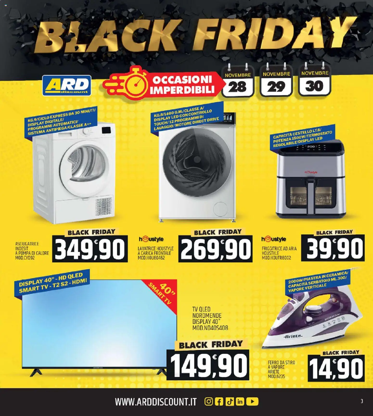 Volantino ARD Discount del 18.11.2025 | Pagina: 3 | Prodotti: smart TV, Lavatrice, Ferro da stiro, Friggitrice